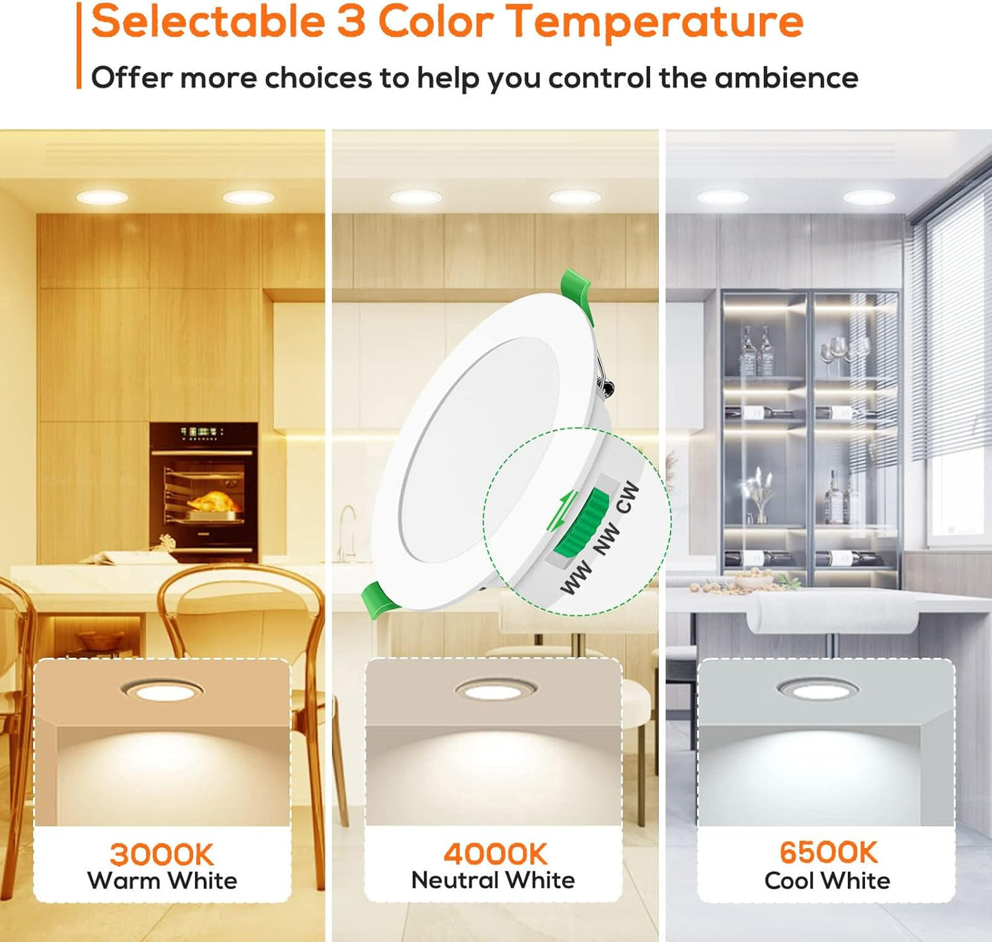 Faretti LED Da Incasso per Cartongesso, 5W 350LM Luci Da Soffitto Interno, 3CCT 3000K 4000K 6500K, Faretto Led Incasso IP65, Foro Incasso Ø75-85Mm, AC 220-240V, Set Di 6,Bianc