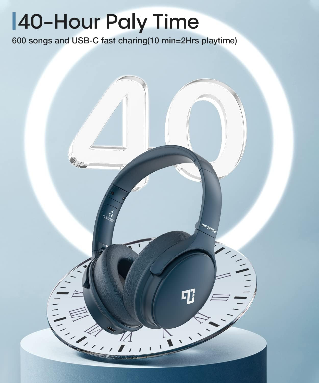 INFURTURE Cuffie con cancellazione del rumore Bluetooth 5.0, Cuffie over-ear wireless, Bassi profondi stereo Hi-Fi, Cancellazione del rumore, Ricarica rapida 40 ore di riproduzione per TV, viaggi, ufficio a casa