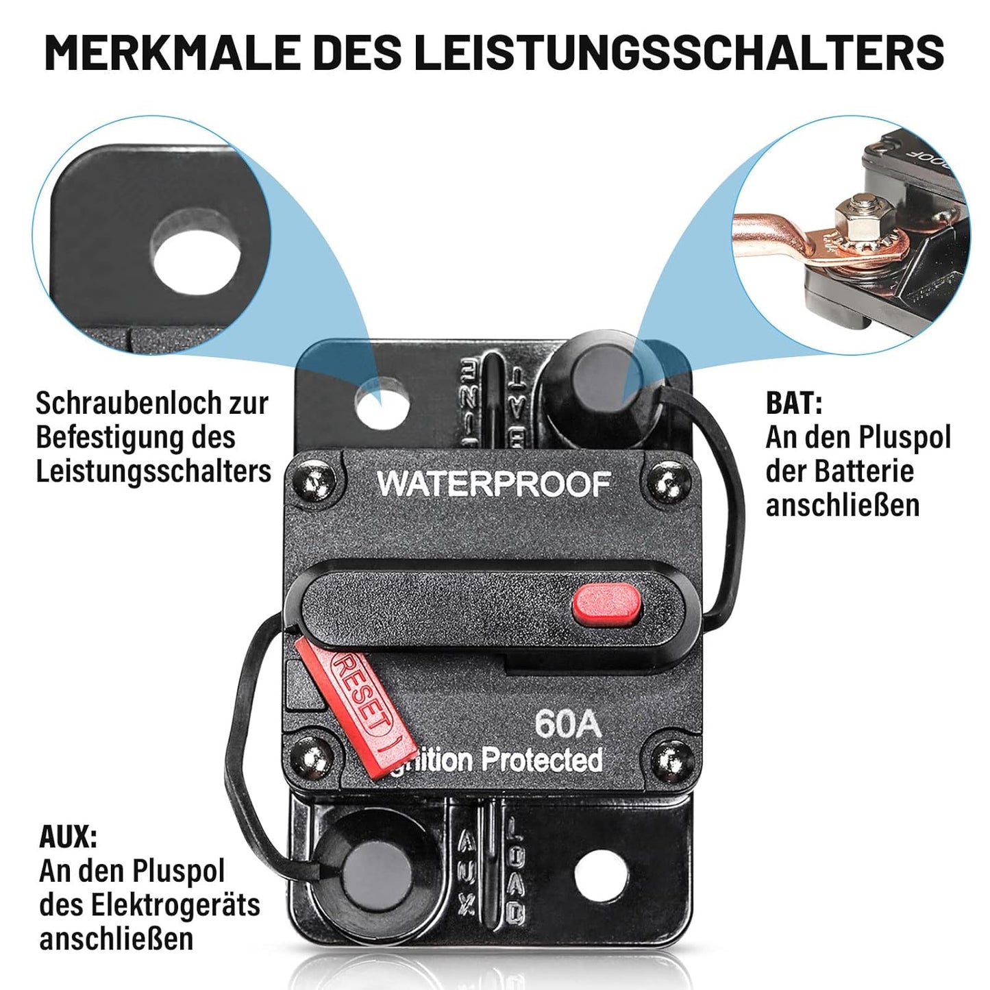 Interruttore Automatico Da 60 Amp Con Anse in Rame, Impermeabile, Invertitore Con Ripristino Manuale, Impermeabile, per Auto, Camion, Autobus, Camper, Barca, Veicolo Marino, 12 V-48 V CC