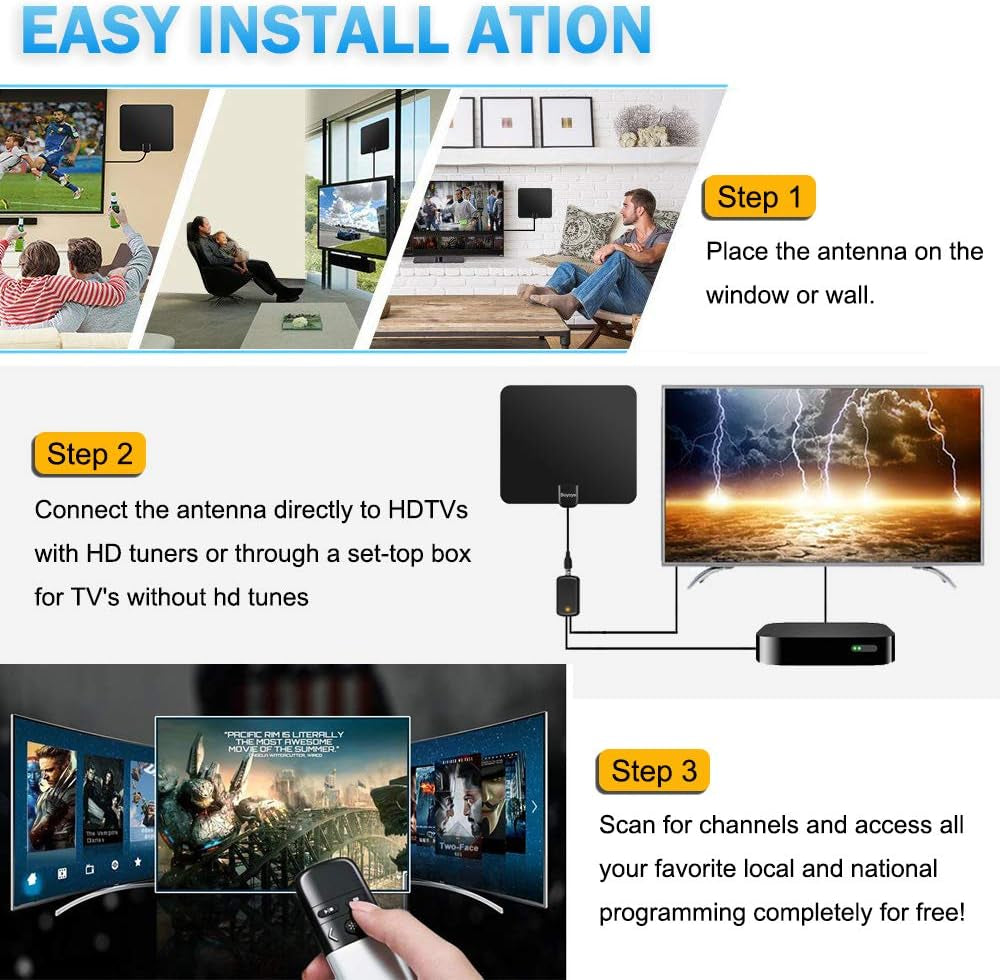 Antenna TV Interna, Antenna TV Digitale 250+ Miglia Gamma Con Amplificatore Segnale per 4K 1080P VHF UHF DVB-T/DVB-T 2 Canali Gratuiti, Cavo Coassiale 5M【Black】