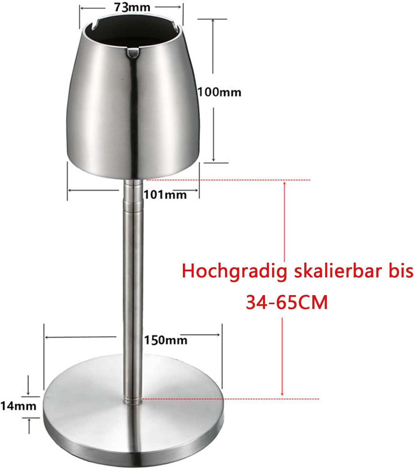 Posacenere in Acciaio Inox, Altezza Allungabile, 34 – 65 Cm, Grande Posacenere per Esterni, Posacenere Con Coperchio, Fondo Antiscivolo E Posacenere Antivento per Esterni E Interni