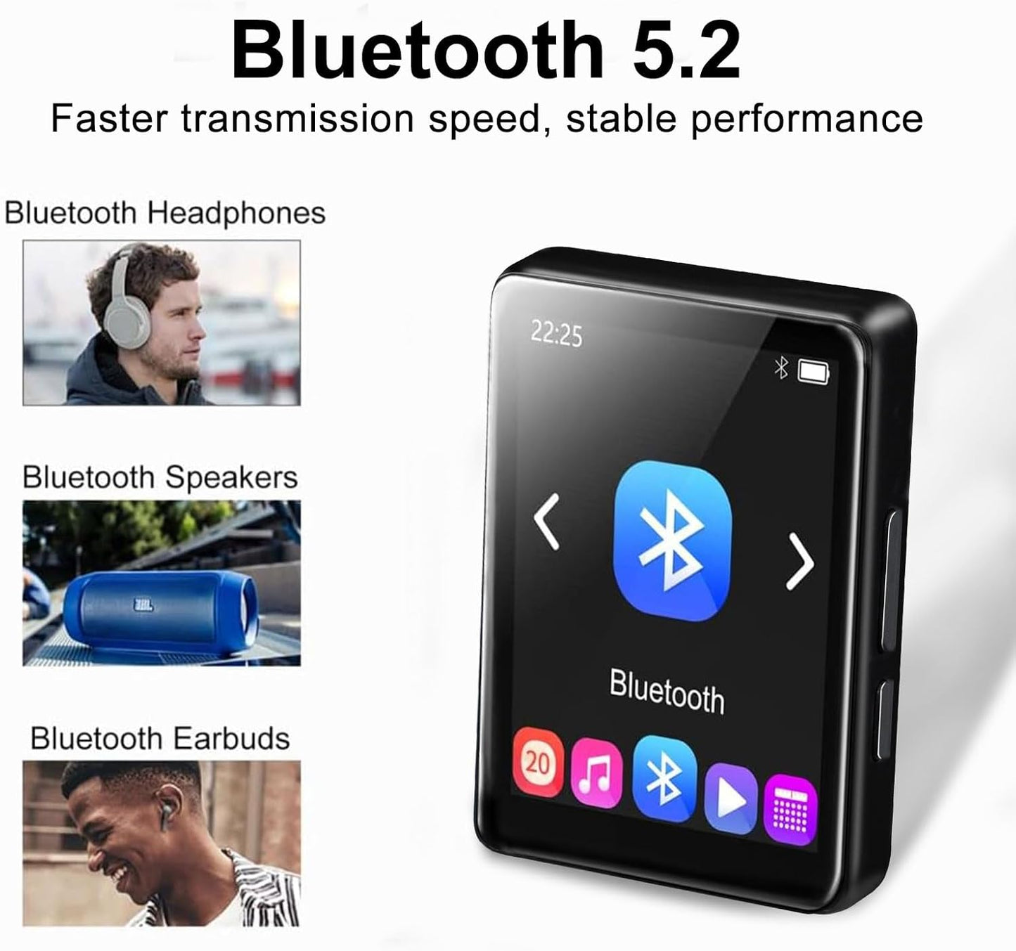 32GB Lettore MP3 Bluetooth 5.2, 2.4" Schermo Tattile Lettore Musicale Con Altoparlante HD Integrato, Radio FM, Registratore Vocale, Qualità Del Suono Hifi, E-Book, Auricolari Inclusi