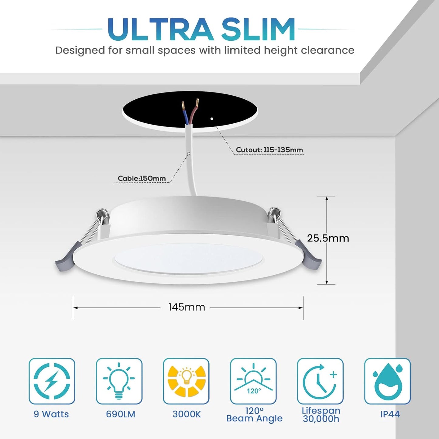 Faretto Da Incasso Led Flat 9W 690LM 2.55Mm Ultra Sottile, Spot Led 230V Bianco Caldo 3000K Faretto Da Incasso Led Dimmerabile, Ritaglio Ø120-130Mm, Confezione Da 6