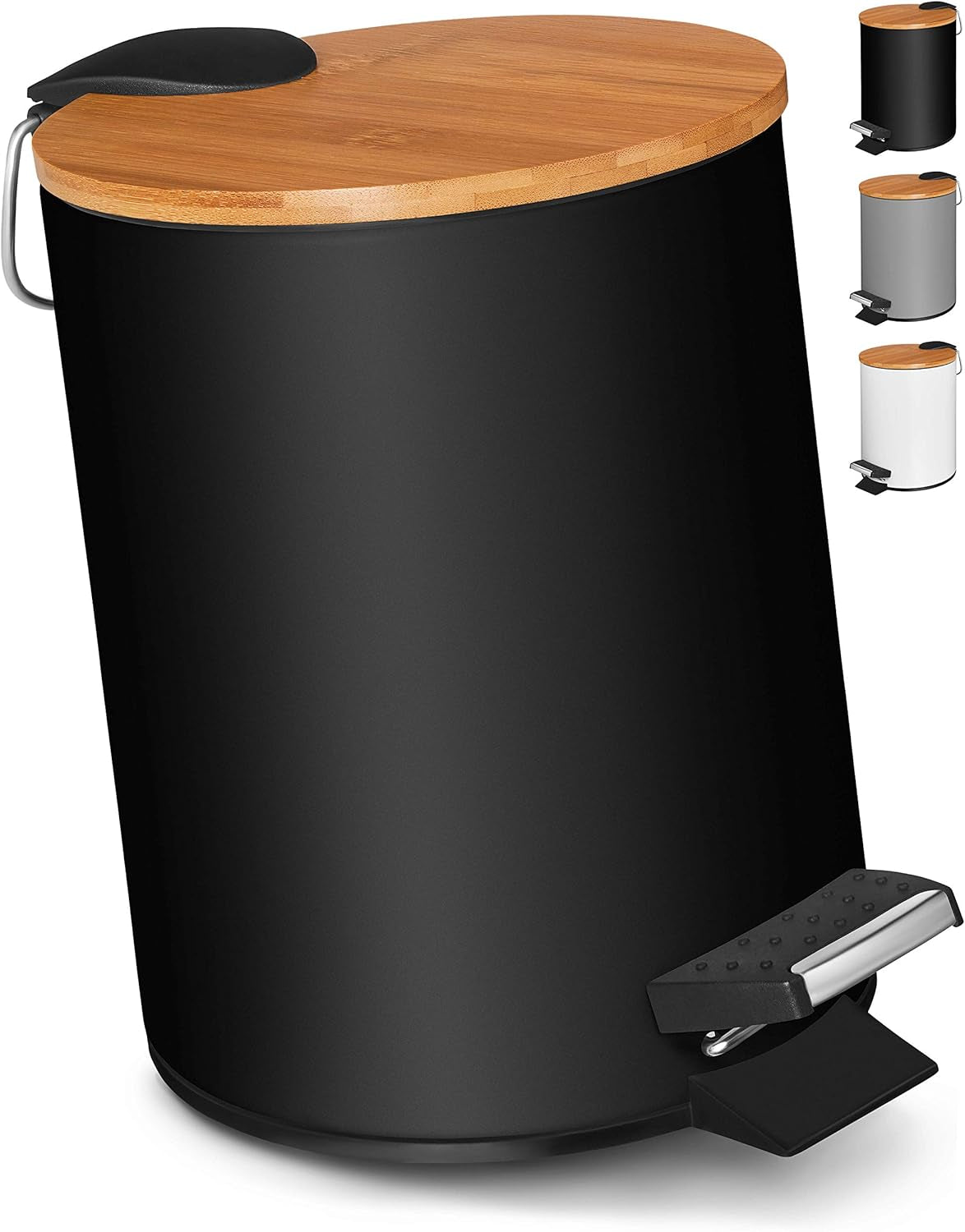 Pattumiera per Cosmetici 3L in Nobile Design Nero/Cestino Spazzatura Con Chiusura Automatica/Cestino Elegante per Il Bagno Con Contenitore Interno E Coperchio in Legno Di BambΓΉ