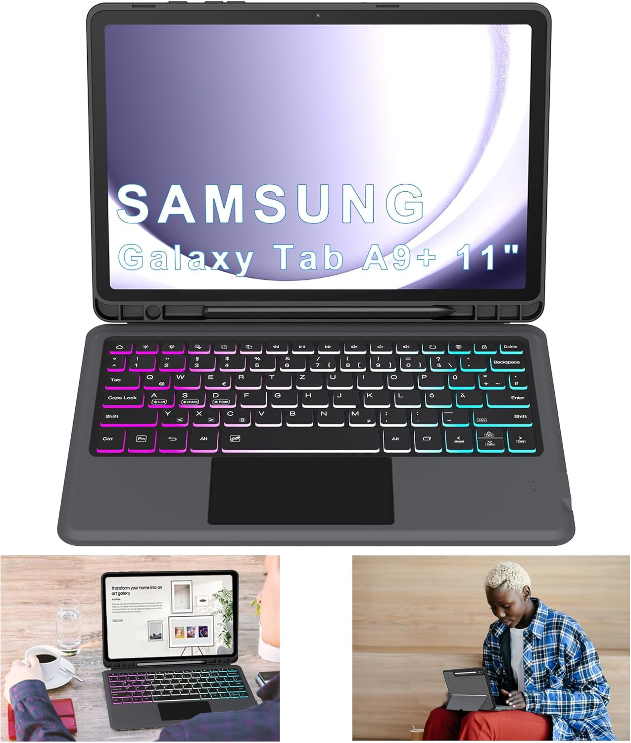 Custodia per Galaxy Tab A9+/A9 plus Da 11", Con Tastiera QWERTZ: Illuminazione a 3 Zone, Tastiera Con Trackpad, Tastiera Con Supporto per Samsung Galaxy Tab A9+ 2023 (SM-X210/X215/X216B)