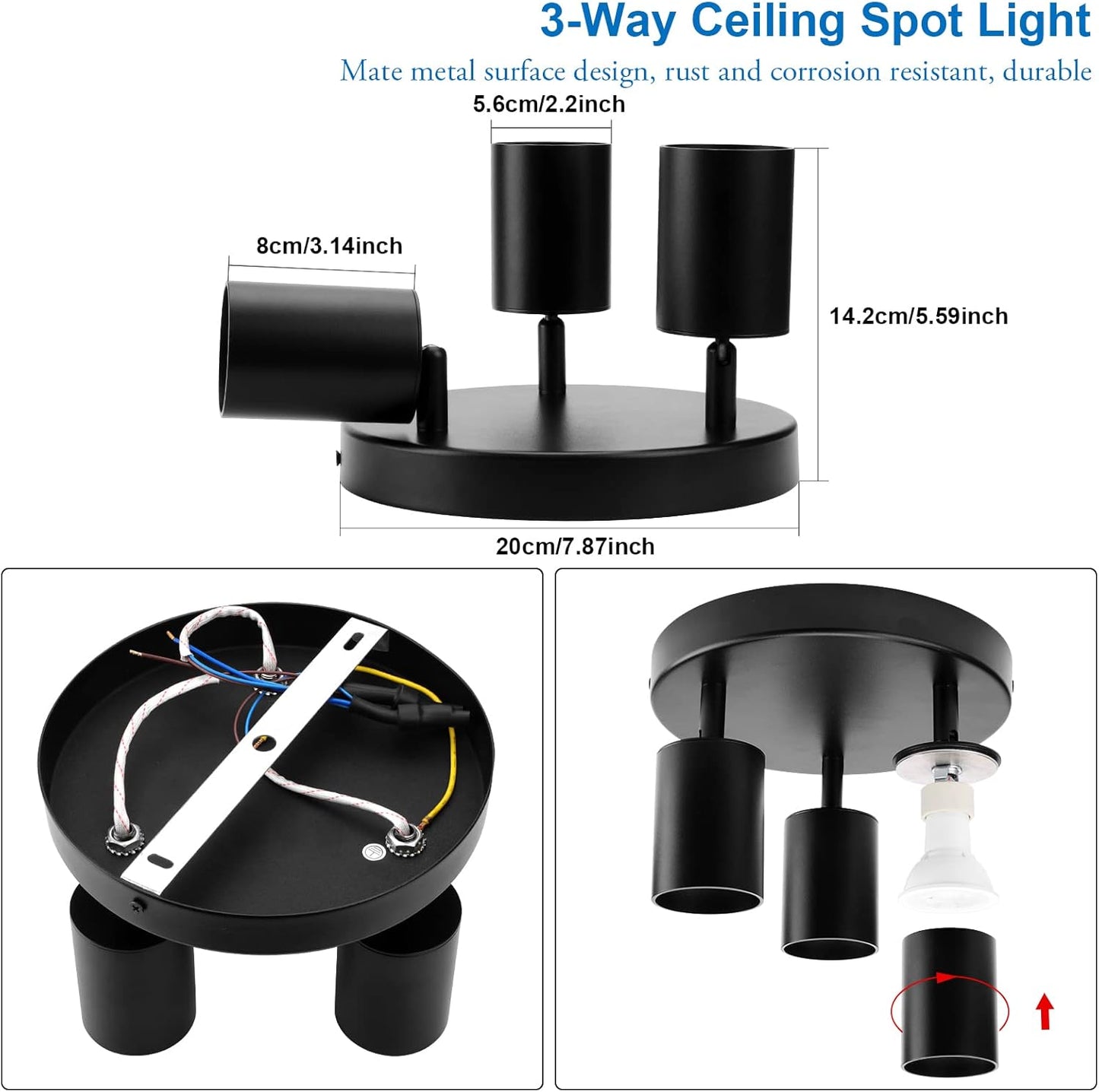 Faretti Da Soffitto Orientabili Nero, Con 3 Attacco GU10, Plafoniera 3 Luci Interno, Lampada Soffitto per Cucina, Soggiorno, Camera Da Letto, Max 50W X 3, Lampadina Non Inclusa