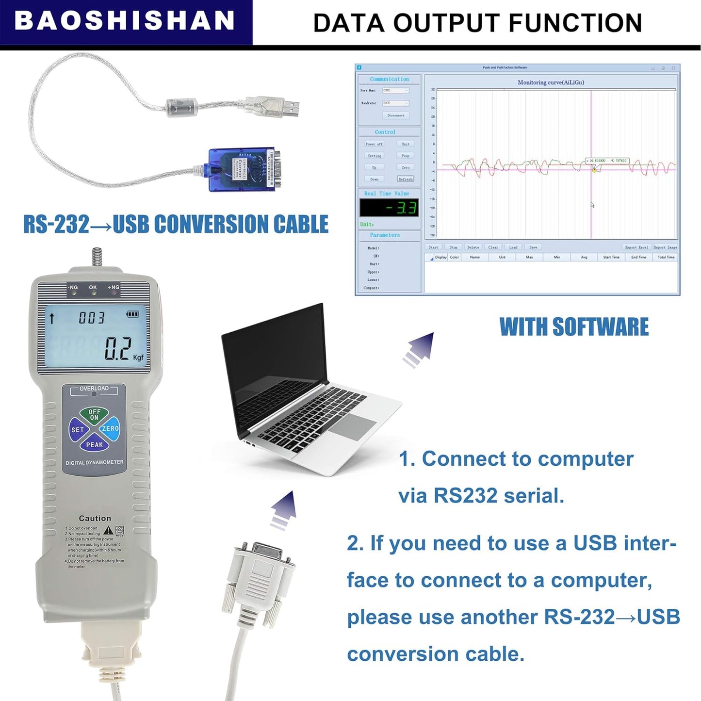 Indicatore Di Forza Digitale Push Pull Gauge Tester Con Interfaccia USB RS232 Strumenti Di Misurazione Della Forza LCD Misuratore Di Spinta per Lab Force Test Test Distruttivo ZP (500N)