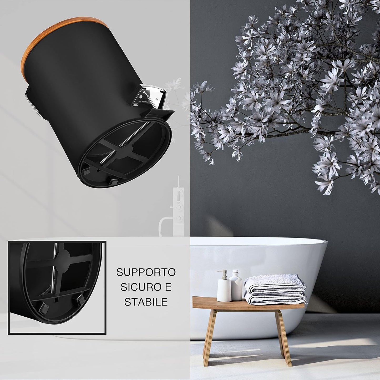 Pattumiera per Cosmetici 3L in Nobile Design Nero/Cestino Spazzatura Con Chiusura Automatica/Cestino Elegante per Il Bagno Con Contenitore Interno E Coperchio in Legno Di BambΓΉ