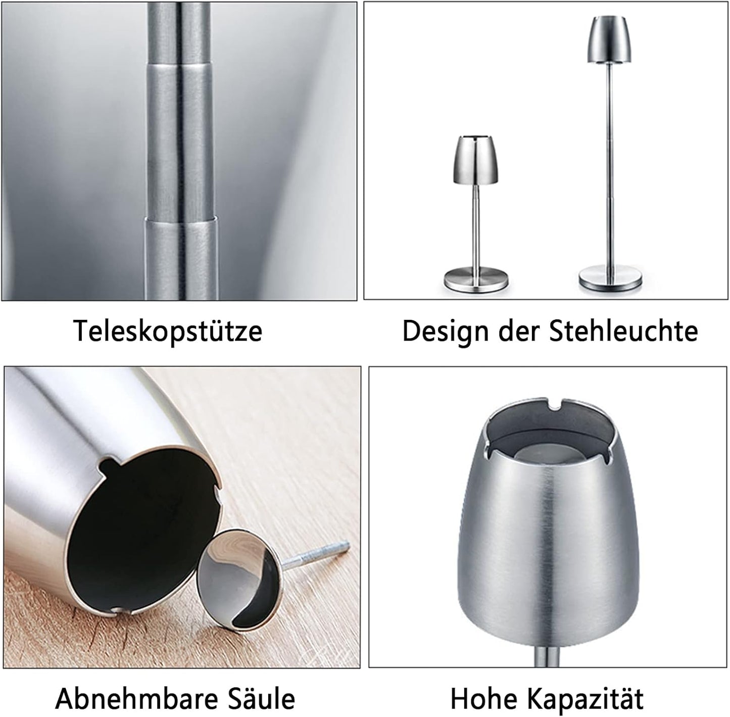 Posacenere in Acciaio Inox, Altezza Allungabile, 34 – 65 Cm, Grande Posacenere per Esterni, Posacenere Con Coperchio, Fondo Antiscivolo E Posacenere Antivento per Esterni E Interni