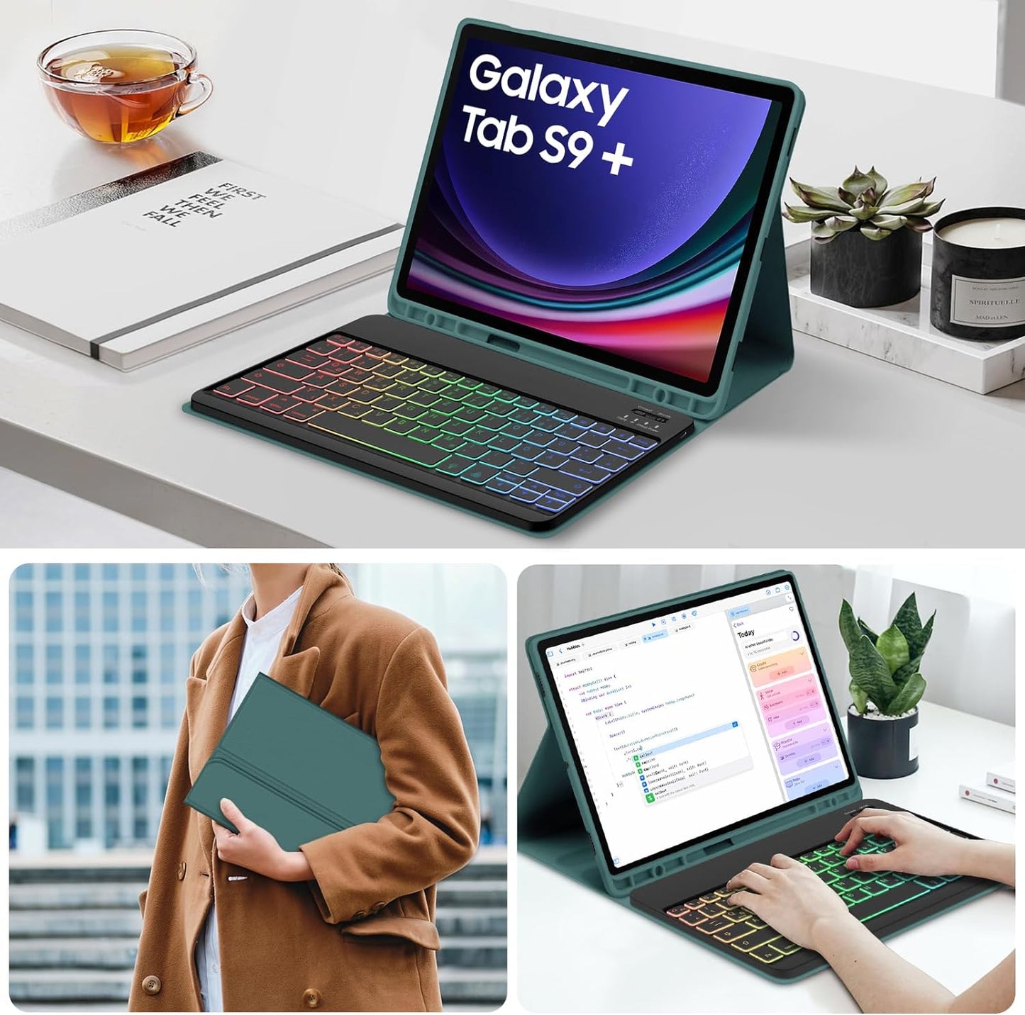 Tastiera Retroilluminata per Samsung Galaxy Tab S9+/S9 plus 12,4" 2023, Tastiera Retroilluminata Rimovibile Con Custodia per Galaxy Tab S9+ 12,4 Pollici 2023 (SM-X810/X816/X818), Verde Scuro