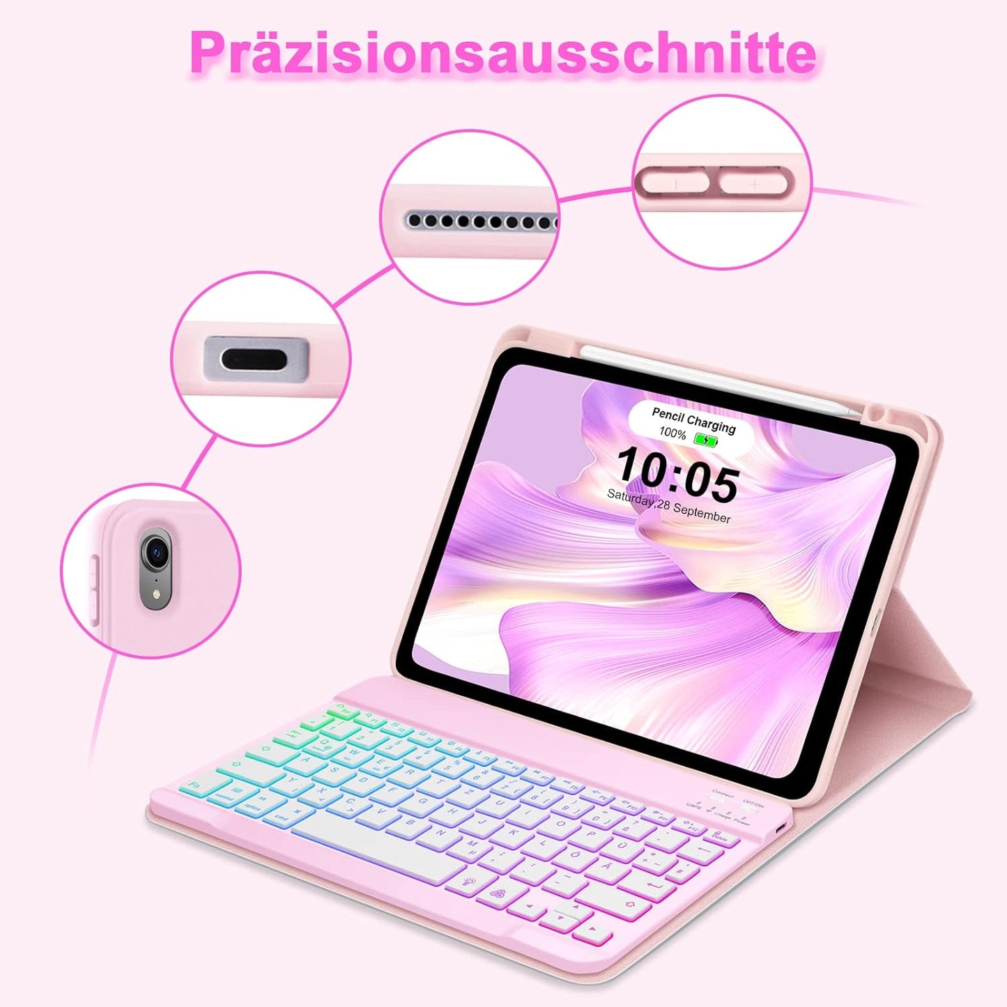 Custodia per Tastiera Ipad Air 4/5A Generazione, Layout QWERTZ, Magnetica, Tastiera Retroilluminata, Con Portapenne, per Ipad Air 4.Gen 2020/Air 5.Gen 2022 10.9 Pollici, Rosa