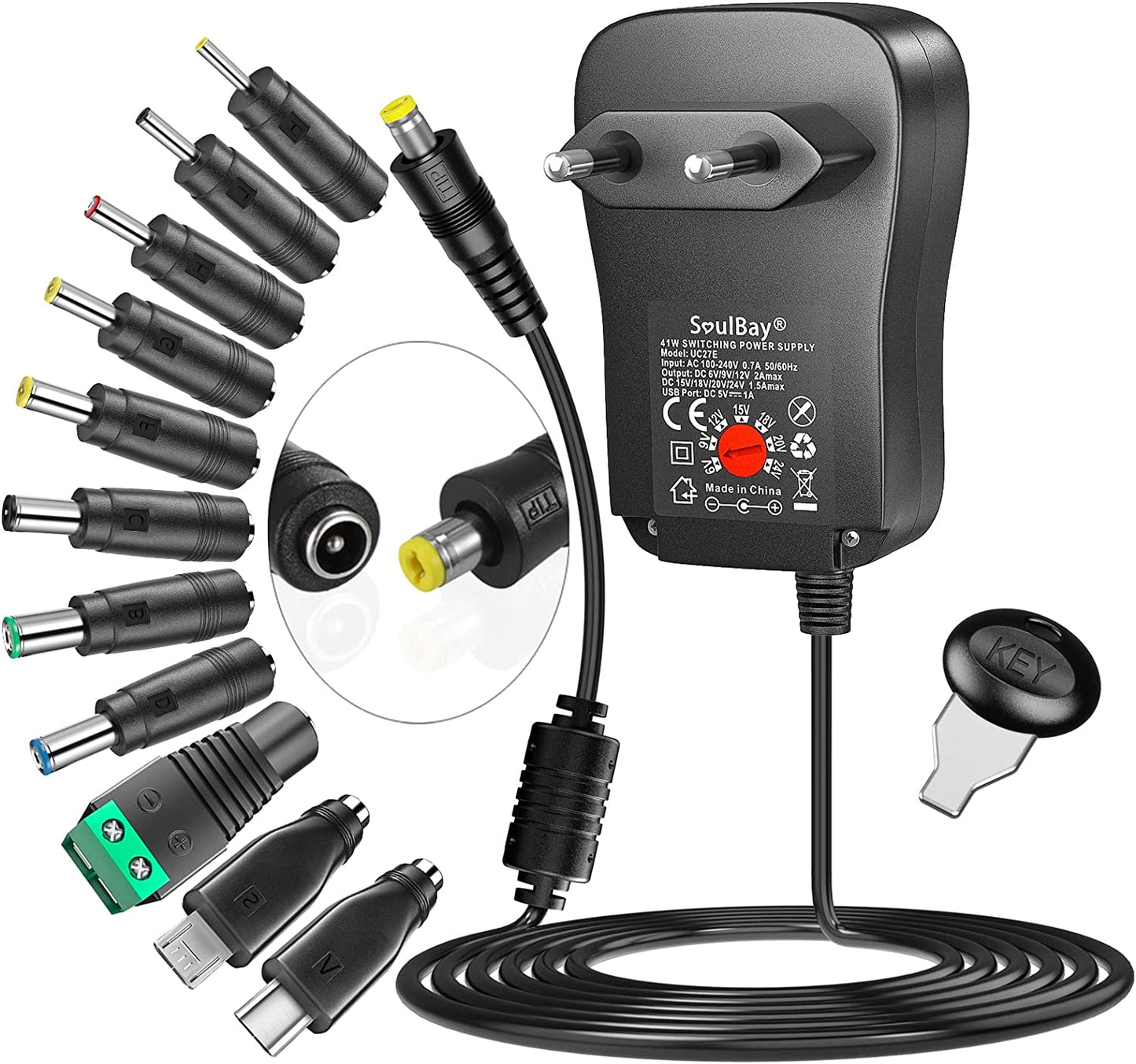 6V - 24V 41W Alimentatore Switching Universale per Caricabatterie CA/CC Con Punte CC Da 11 Pezzi, Contiene Spina USB-C per Elettronica Domestica E Strisce LED - 2000 Ma Max