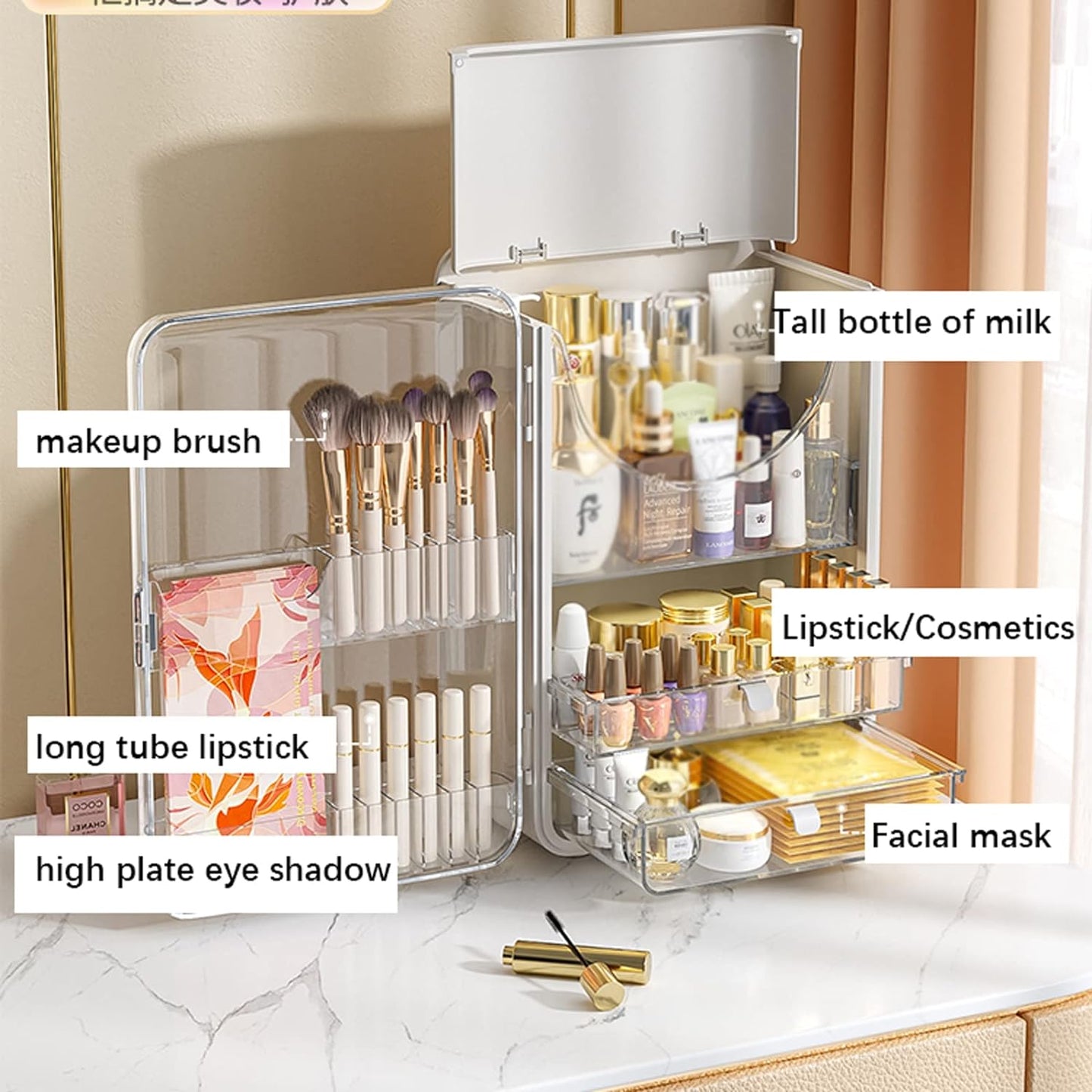 Grande Organizer per Trucchi a Doppia Porta Con 2 Cassetti, Organizer per Cosmetici Impermeabile E Antipolvere, 11 X 8 X 16, Bianco