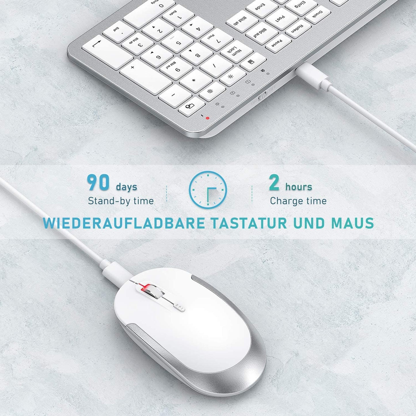 , Set Di Mouse Wireless Wireless Con Tastiera Ricaricabile (Dimensione Compatta), Ultra Sottile, Silenziosa, Ecc, Bianco E Argento