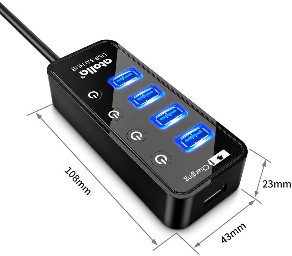 Hub USB Con Alimentatore, Hub USB 3.0 Attivo Con 4 Porte Superspeed Con Interruttore E 1 Porta Di Ricarica Intelligente E Adattatore Di Alimentazione 15 W (5 V/3 A)