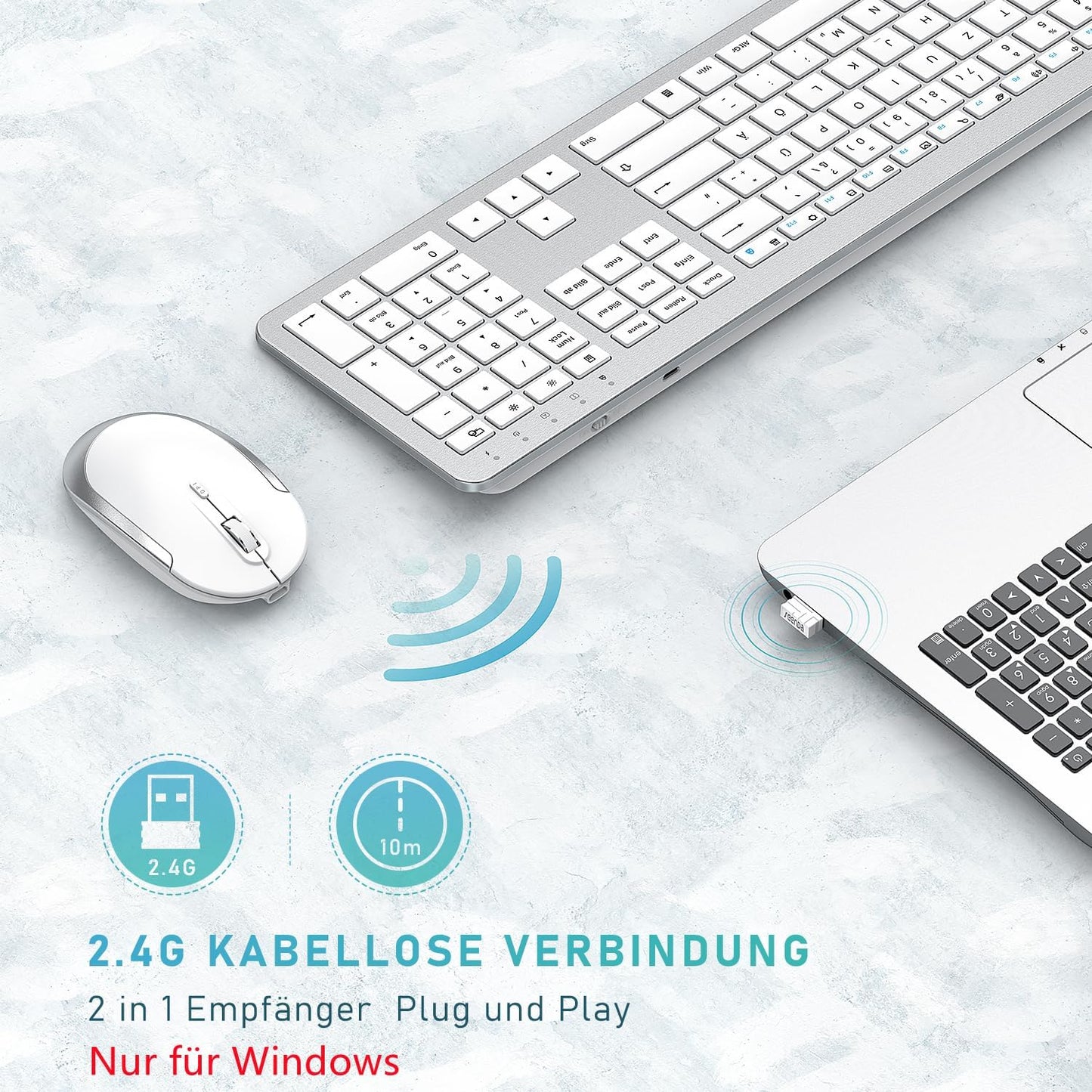 , Set Di Mouse Wireless Wireless Con Tastiera Ricaricabile (Dimensione Compatta), Ultra Sottile, Silenziosa, Ecc, Bianco E Argento