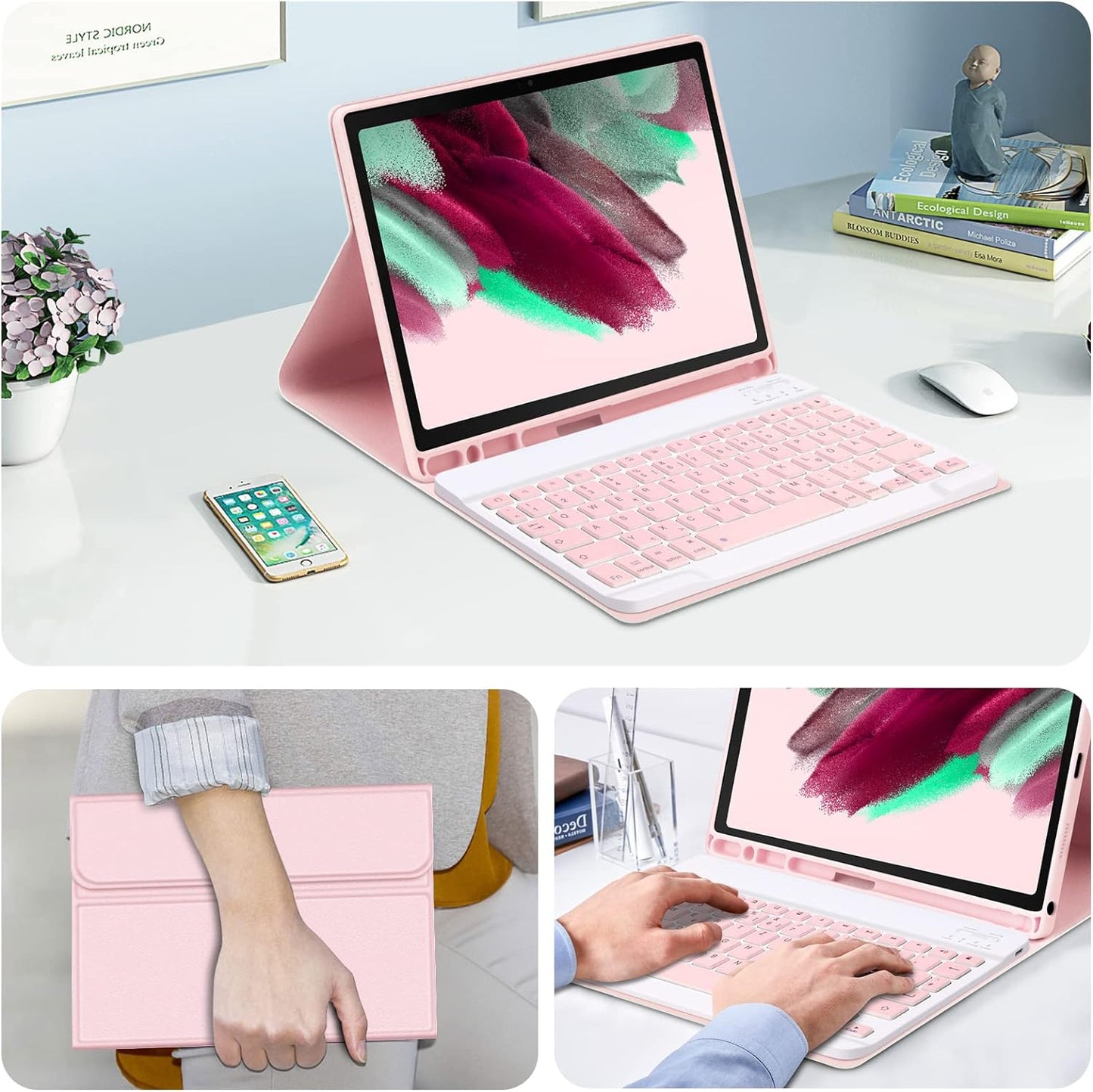 Custodia per Tastiera per Samsung Galaxy Tab A8 10,5" 2022, QWERTZ Tastiera Rimovibile Con Custodia Protettiva per Galaxy Tab A8 10,5 Pollici 2022 (SM-X200/X205/X207), Rosa