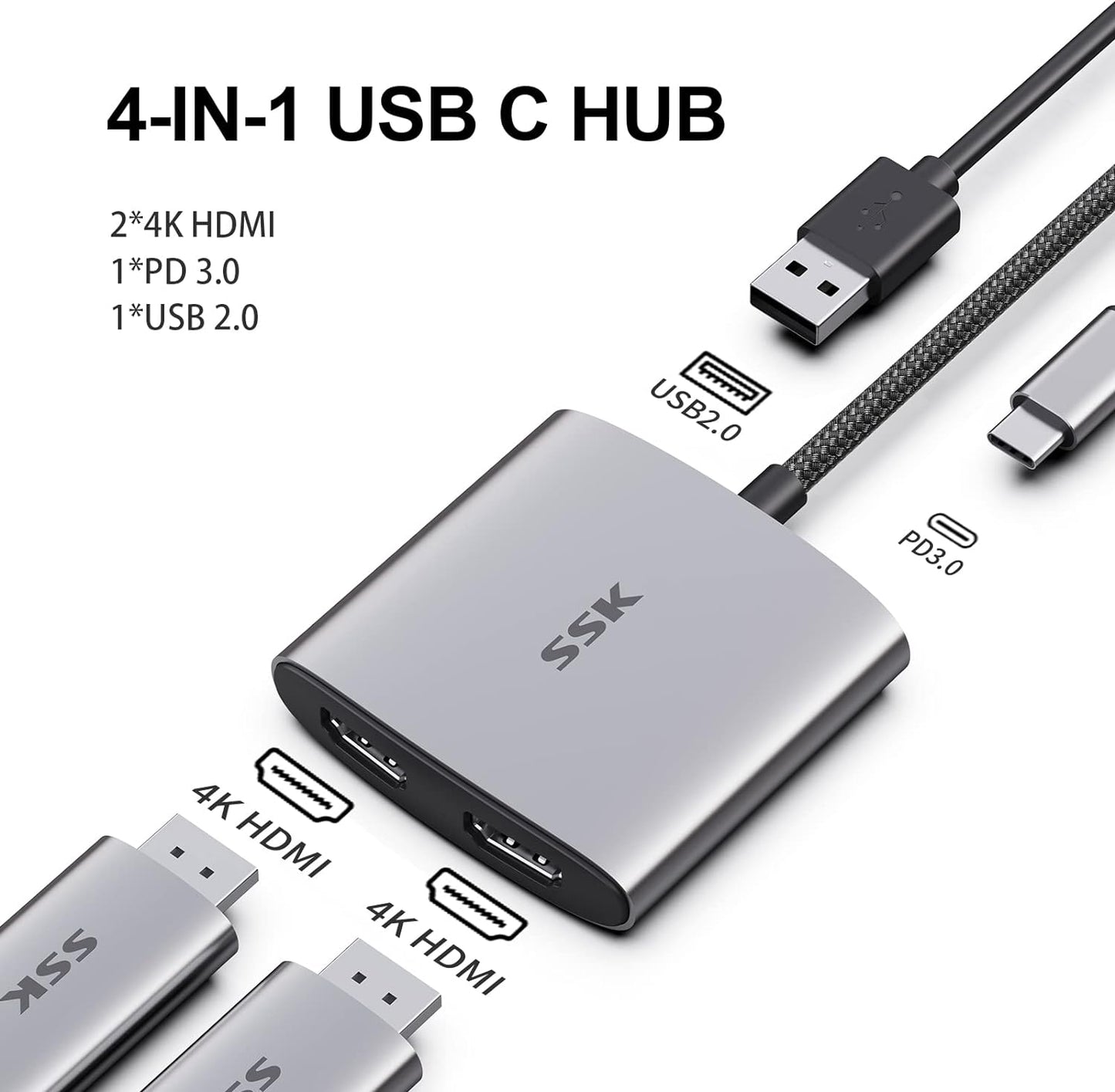 Adattatore USB C a Doppio HDMI, 4-IN-1 Adattatore Multiporta Da Tipo C Con 4K@60Hz E 4K@30Hz HDMI, 100W Di Ricarica Rapida, USB 2.0 Supporta Thunderbolt 3 per Macbook Air Lenovo Dell HP Chromebook