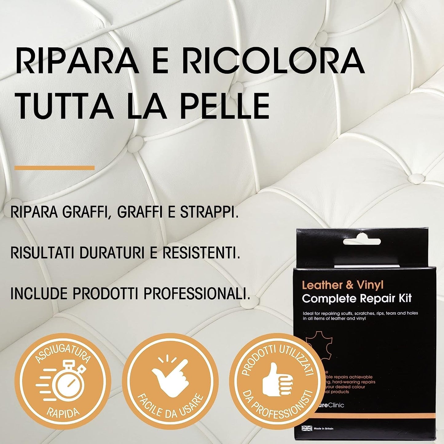 Kit Completo Di Riparazione Della Pelle per Divani, Sedili Auto - Adatto a Tutte Le Tonalità Di Pelle - Rattoppa, Riempie E Ritocca Graffi, Strappi E Altre Aree Danneggiate (Crema)