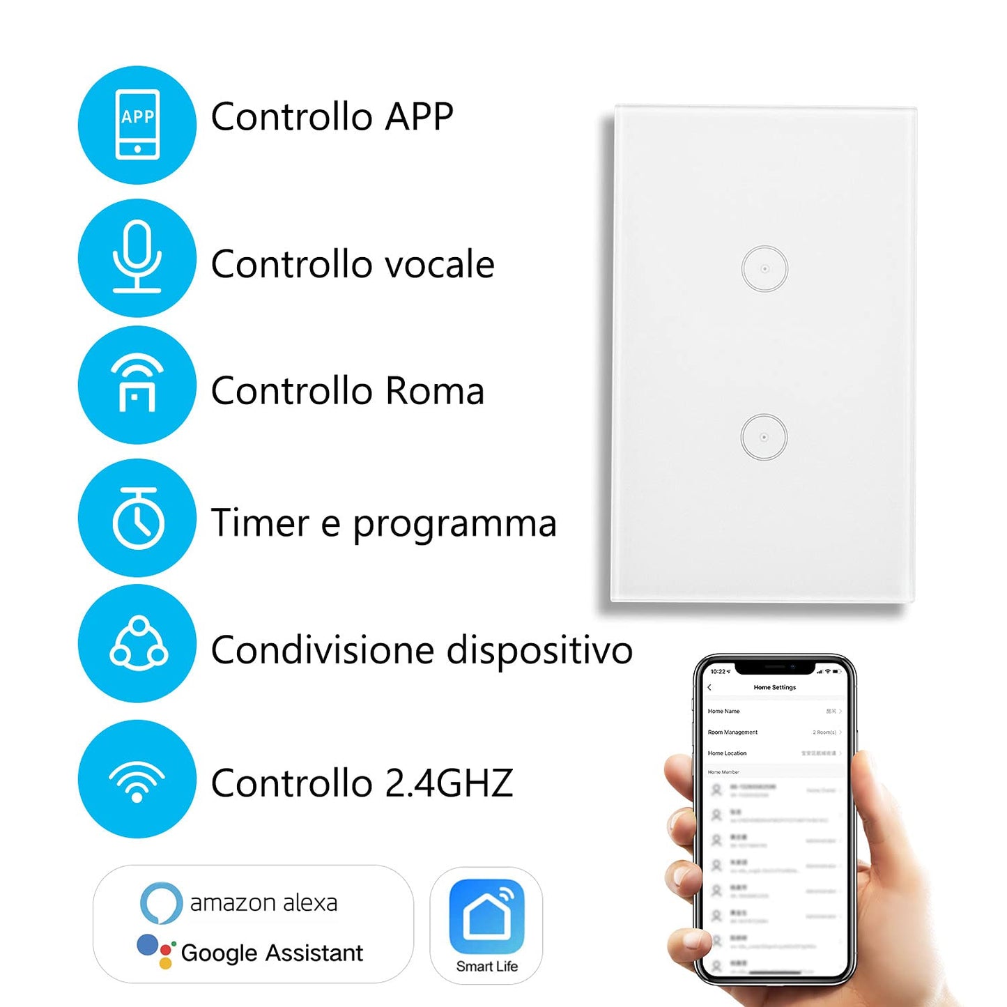 Interruttore Della Luce Intelligente Wifi, Controllo Vocale Funziona Con Alexa E Google Home, Timer E Condivisione Dispositivo, È Necessario Il Filo Di Neutro, Bianco 2 Way
