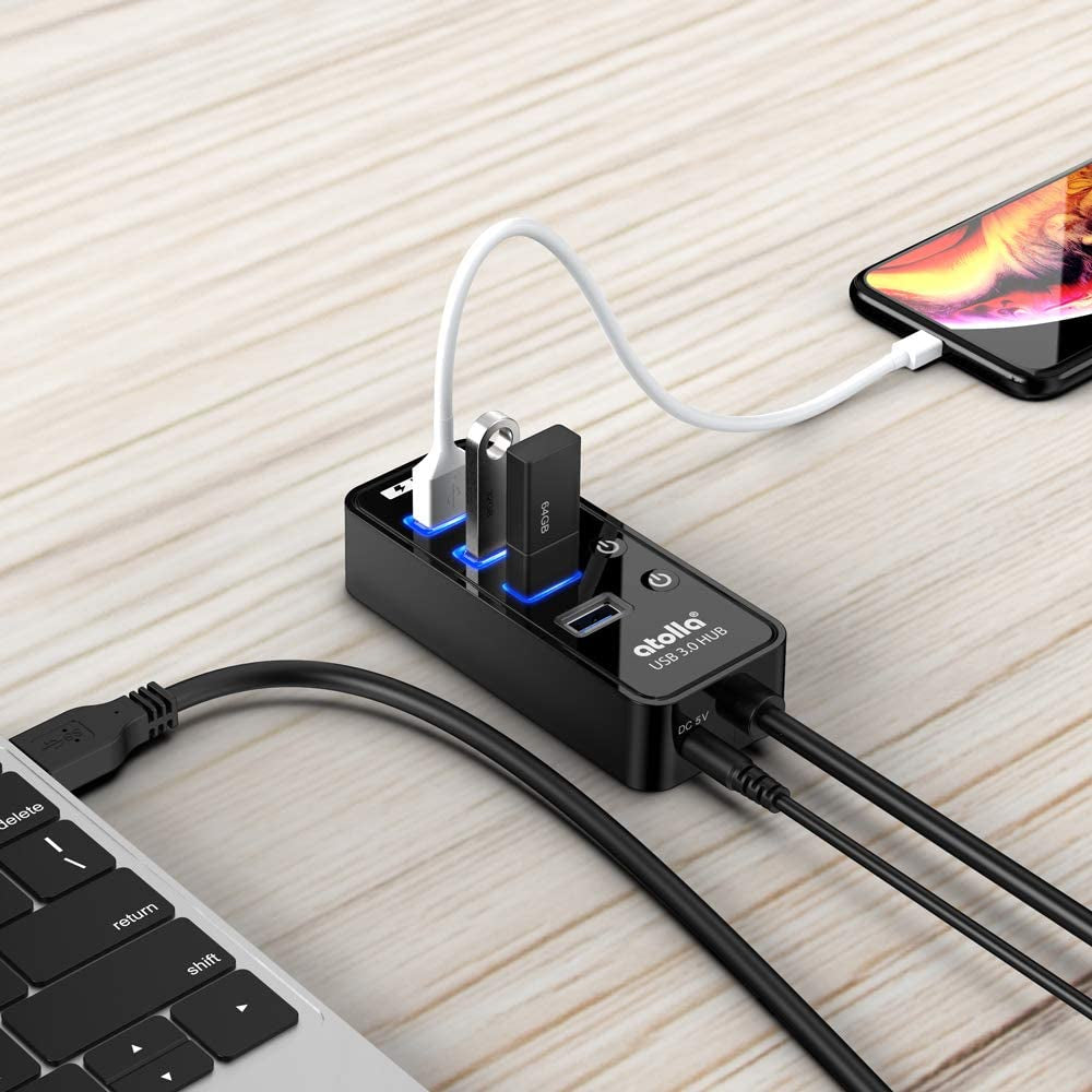 Hub USB Con Alimentatore, Hub USB 3.0 Attivo Con 4 Porte Superspeed Con Interruttore E 1 Porta Di Ricarica Intelligente E Adattatore Di Alimentazione 15 W (5 V/3 A)