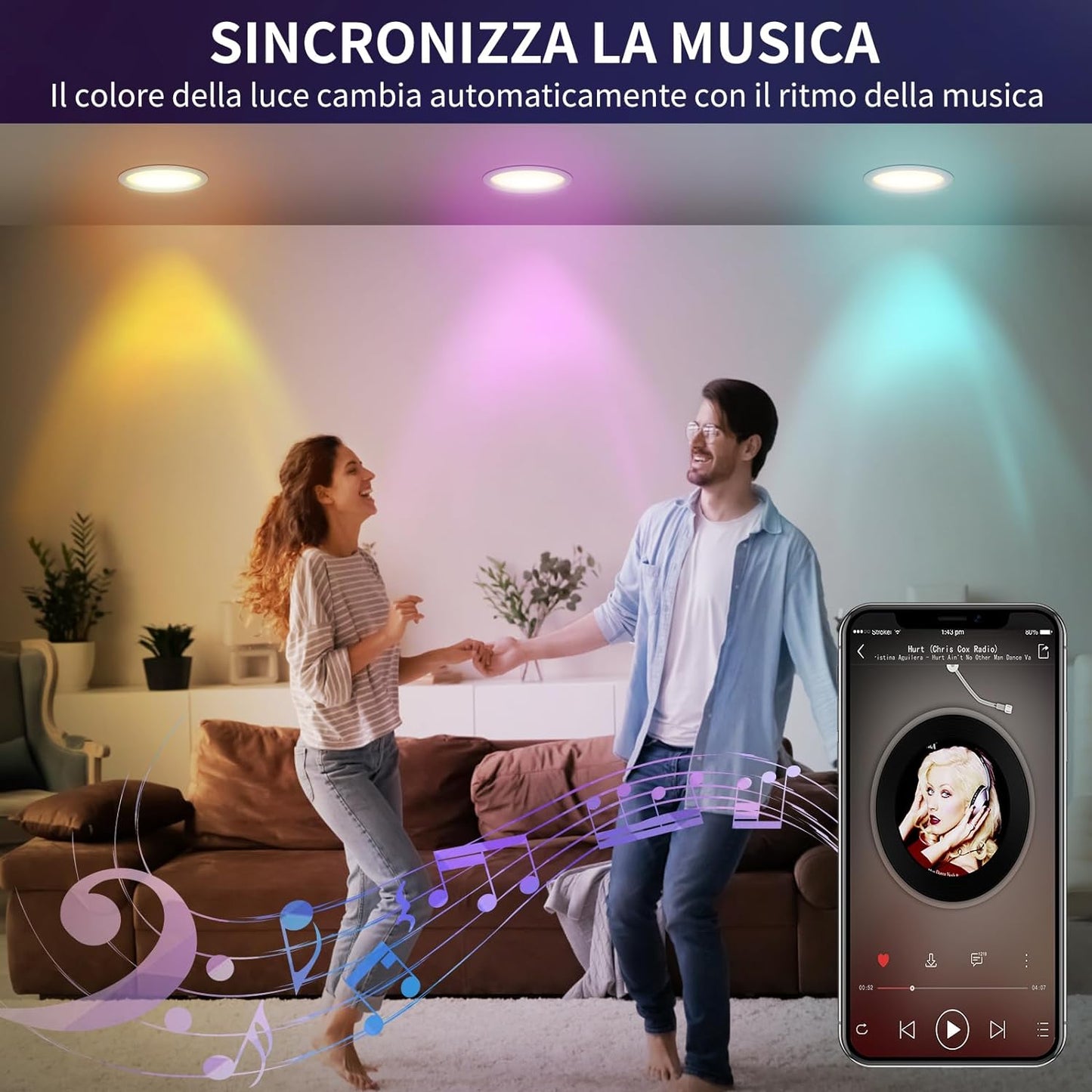 Faretti Led Da Incasso Colorati Smart Alexa, 10W 1000LM, 220V Faretti LED Soffitto Interno Rotondo Intelligente Bluetooth, RGB E Luce Fredda, Dimmerabile Con APP, Foro Ø95-110Mm, Set Di 4