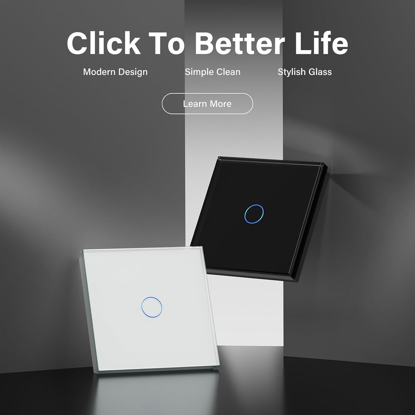 Interruttore Touch per Luce a 1 Ingresso, 1 Via, 1000 W, Non Wifi, Luce Da Parete, Potenza Di Carico, Vetro 86 Mm, Bianco