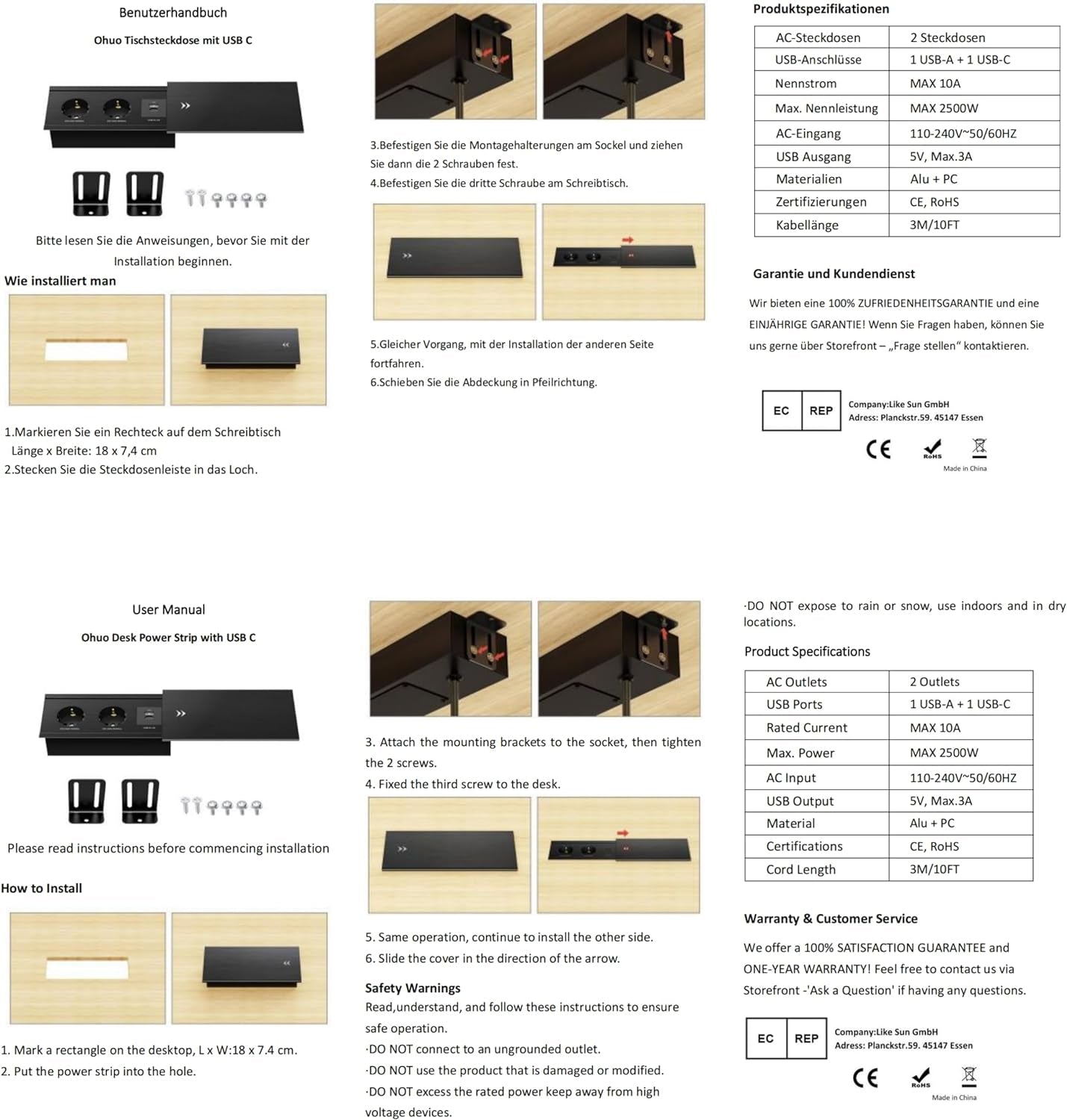 Ciabatte Elettriche Multipresa Con USB, Ciabatta Elettrica 2 Prese Cavo 3M, Presa Da Tavolo Con USB C, Ciabatta Da Incasso Da Scrivania, Alluminio