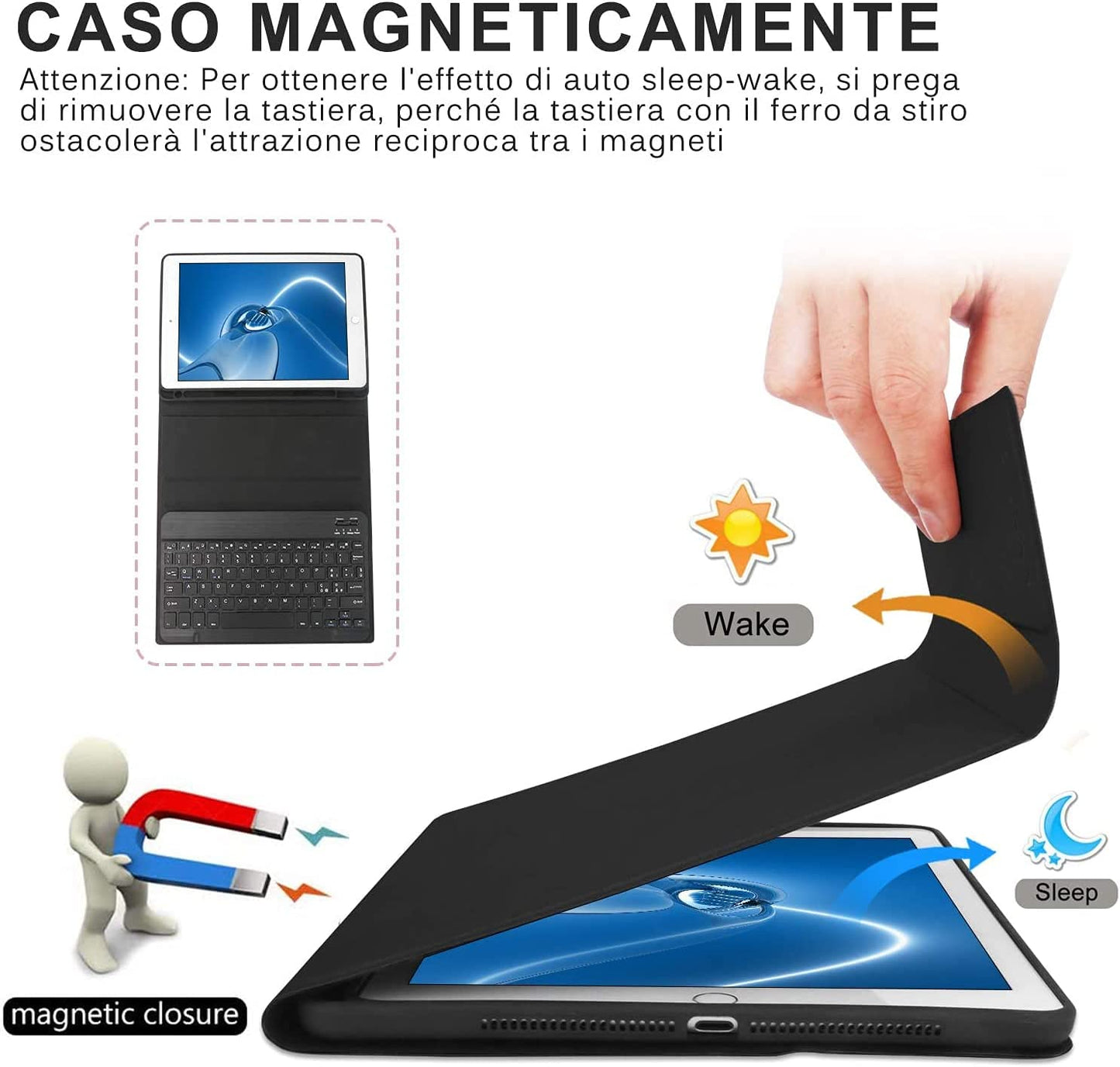 Custodia Con Tastiera Italiano per Ipad 10,2" 9A/8A/7A Generazione, Ipad 10,2" 2021/2020/2019/Ipad Air 3/Ipad Pro 10,5", Bluetooth Wireless Staccabile Magnetica, Nero
