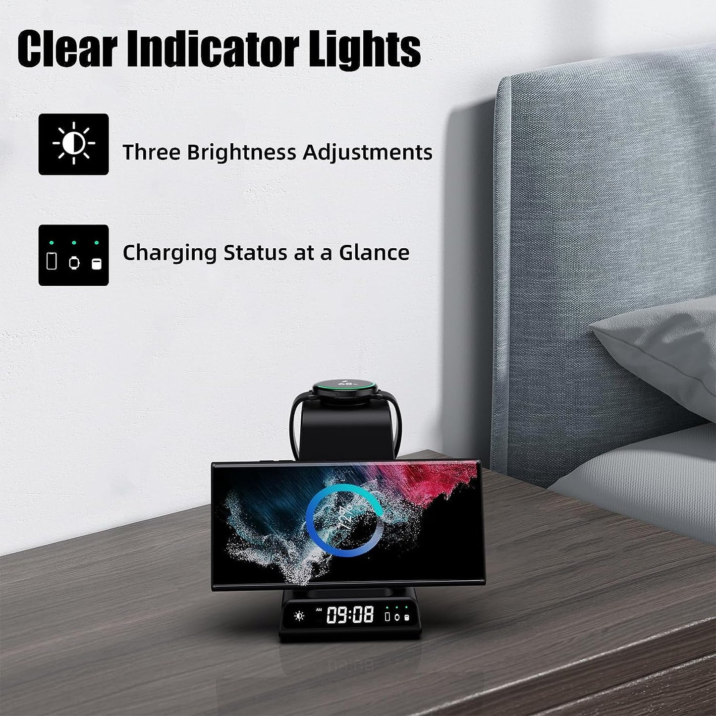Caricatore Wireless Con Orologio Digitale per Samsung Galaxy S24 Ultra, Stazione Di Ricarica Wireless per Galaxy Watch 6 5Pro, Caricatore Wireless per S23 Ultra Z Flip 5 Galaxy Buds Pro 2