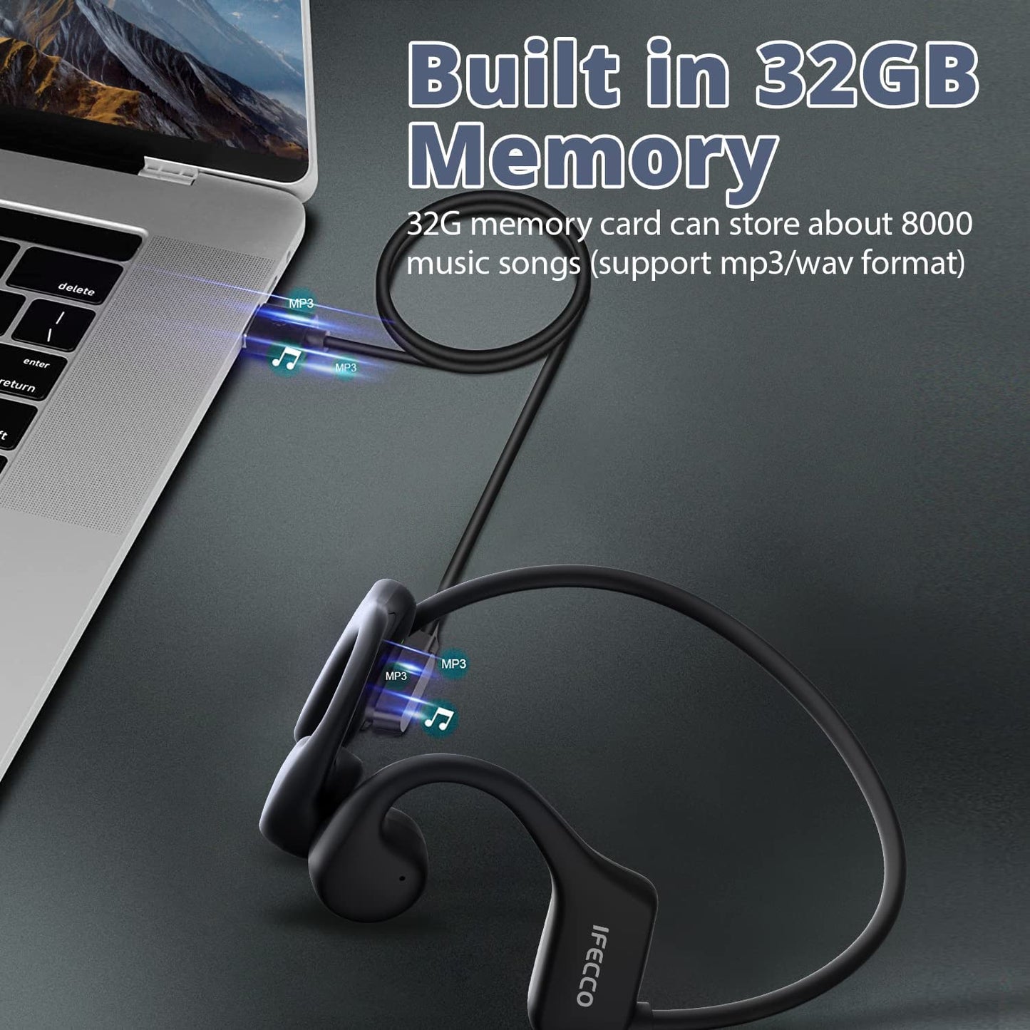 IFECCO Cuffie a Conduzione Ossea Bluetooth 5.3 - Cuffie Sportive Senza Fili Impermeabili Ip68,Cuffie Ad Orecchio Aperto Con Microfono Incorporato Lettore Mp3 32G per Nuoto Corsa Ciclismo