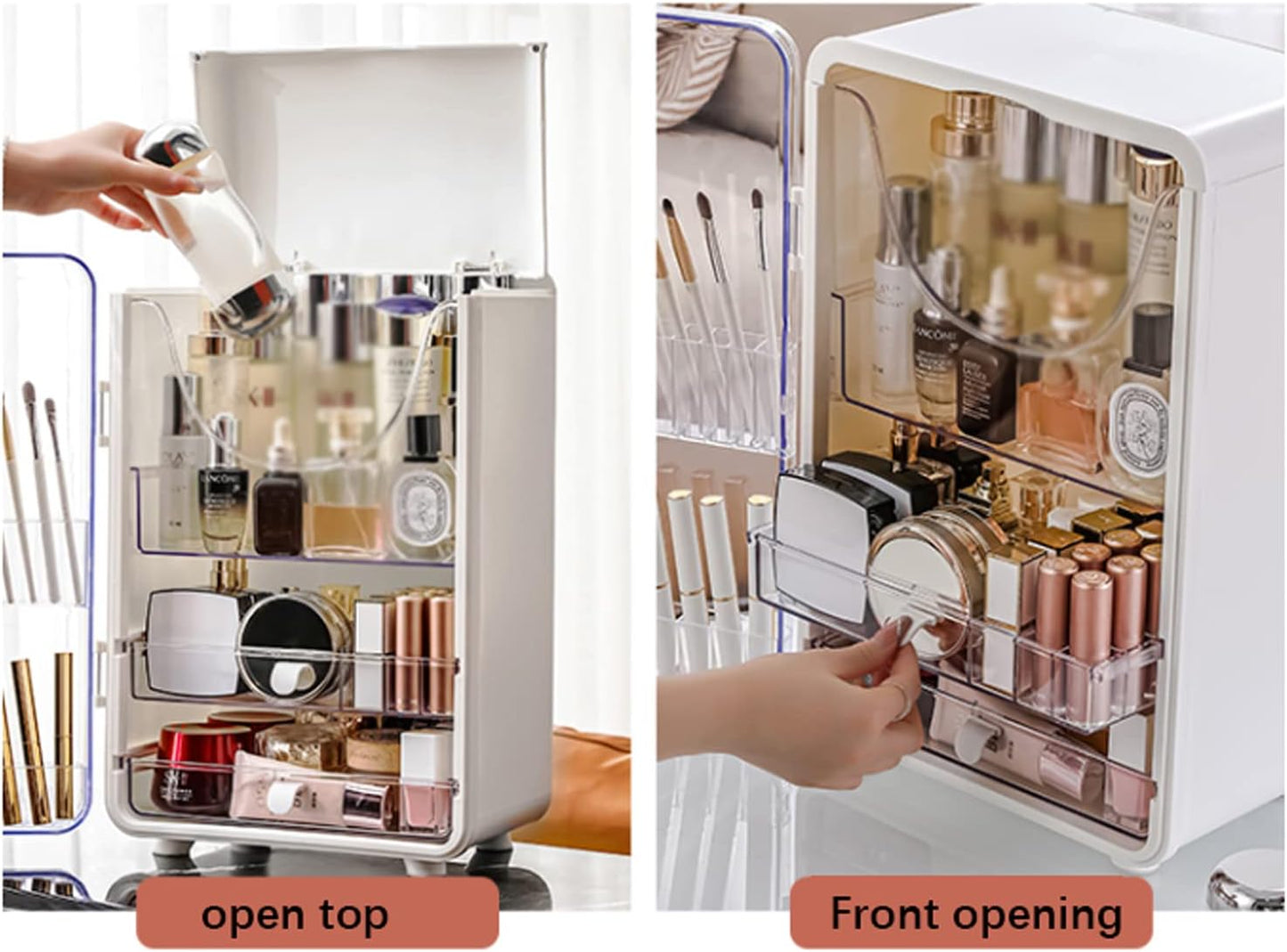 Grande Organizer per Trucchi a Doppia Porta Con 2 Cassetti, Organizer per Cosmetici Impermeabile E Antipolvere, 11 X 8 X 16, Bianco
