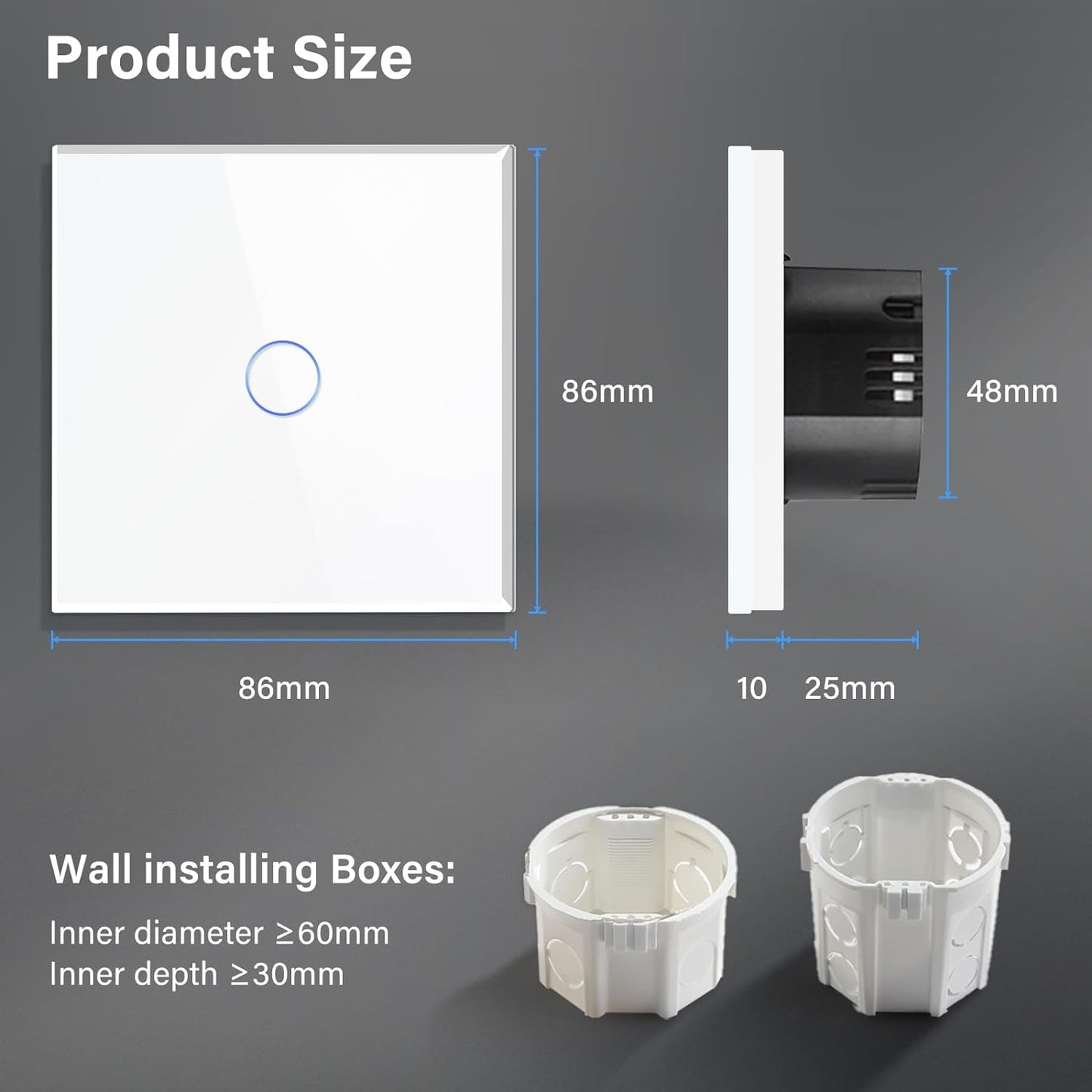 Interruttore Touch per Luce a 1 Ingresso, 1 Via, 1000 W, Non Wifi, Luce Da Parete, Potenza Di Carico, Vetro 86 Mm, Bianco