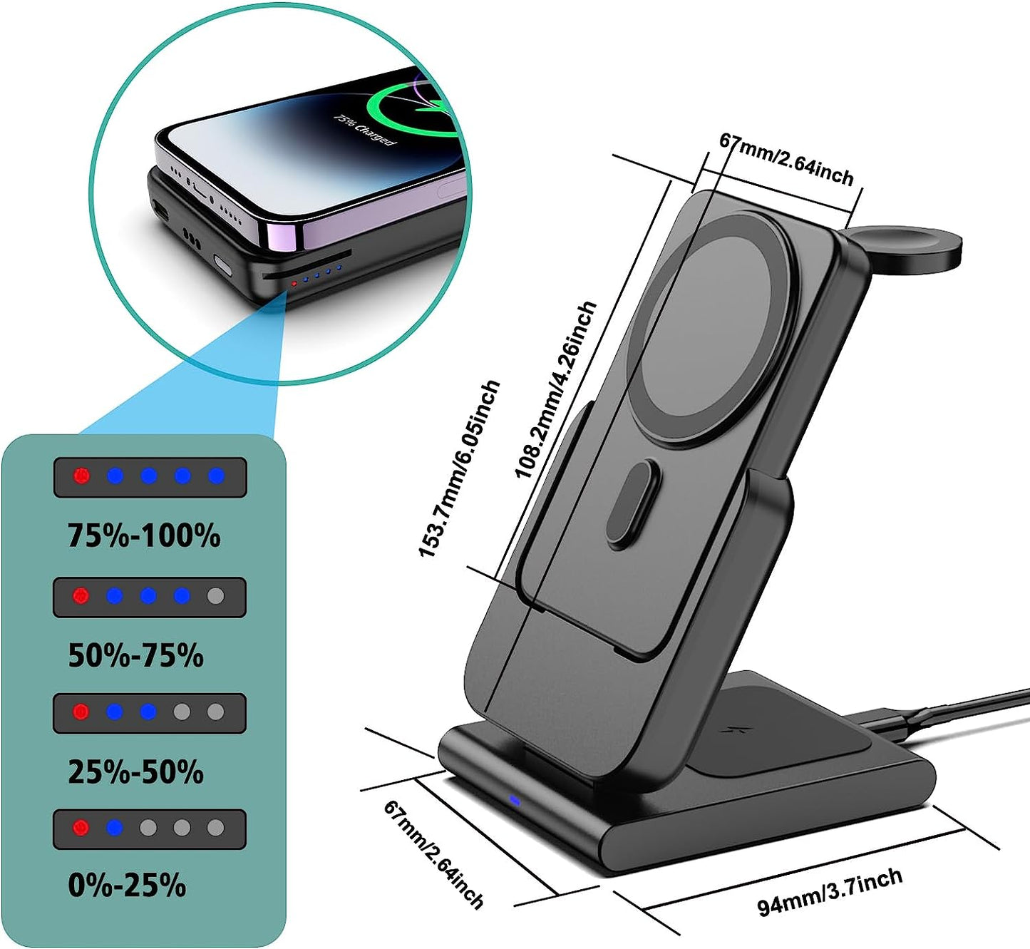 Caricatore Wireless Magnetico, Mag-Safe Battery Pack 5000Mah Staccabile, Pieghevole Caricatore Mag Safe per Iphone 15 14 Pro Max 13, Ricarica Wireless per Iwatch 9 8, Caricatore Iphone per Airpods Pro