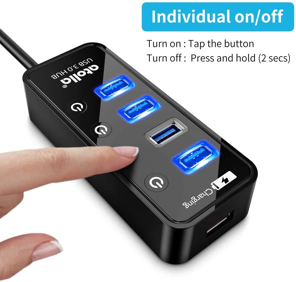 Hub USB Con Alimentatore, Hub USB 3.0 Attivo Con 4 Porte Superspeed Con Interruttore E 1 Porta Di Ricarica Intelligente E Adattatore Di Alimentazione 15 W (5 V/3 A)