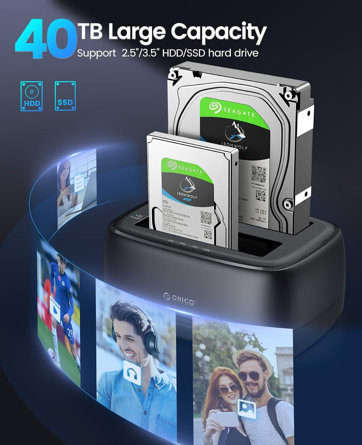 Hard Disk Docking Station USB3.0 per HDD/SSD SATA Da 2,5 E 3,5 Pollici, 2 Slot per SSD/HDD Docking, Supporto per Clonazione Offline E UASP,20TB(DD28U3-C)