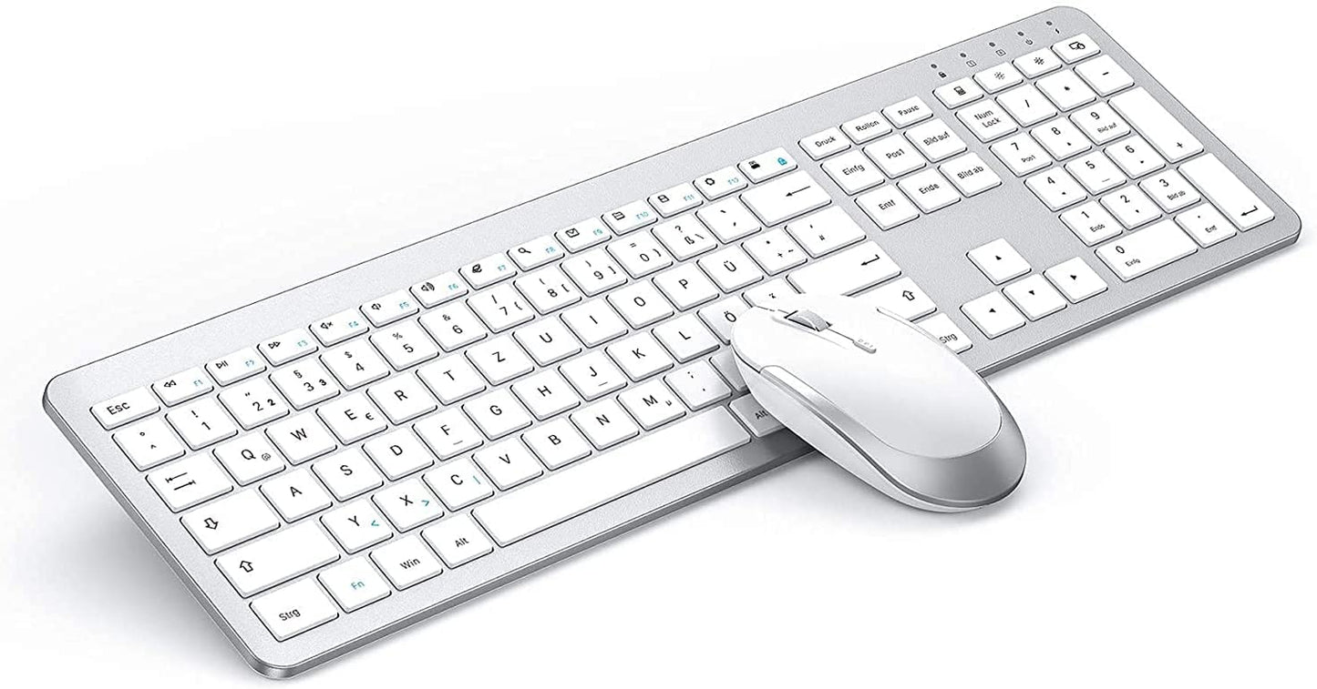 , Set Di Mouse Wireless Wireless Con Tastiera Ricaricabile (Dimensione Compatta), Ultra Sottile, Silenziosa, Ecc, Bianco E Argento