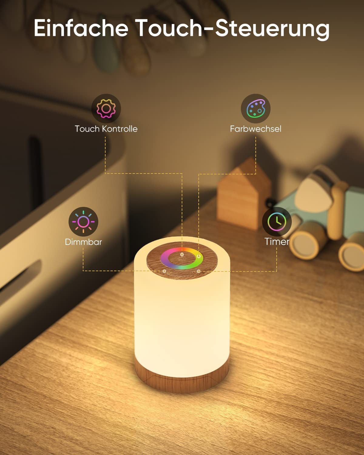 Lampada Da Comodino Senza Fili, Touch Luce Notturna Bambini Led, Batteria Lampada Led Ricaricabile Con 10 RGB Colori 4 Modi D’Illuminazion per Tavolo Camera Scrivania