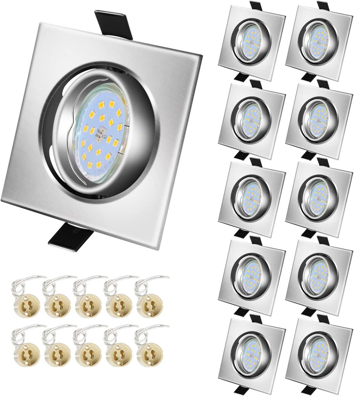 Faretti LED Da Incasso per Cartongesso, 5W Equivalenti a 60W, 230V Luce Naturale 4500K, Orientabile Di 30°, Angolo a Fascio 120°, Montatura Quadrati Nichel Spazzolato, Non-Dimmerabile (Set Da 10)