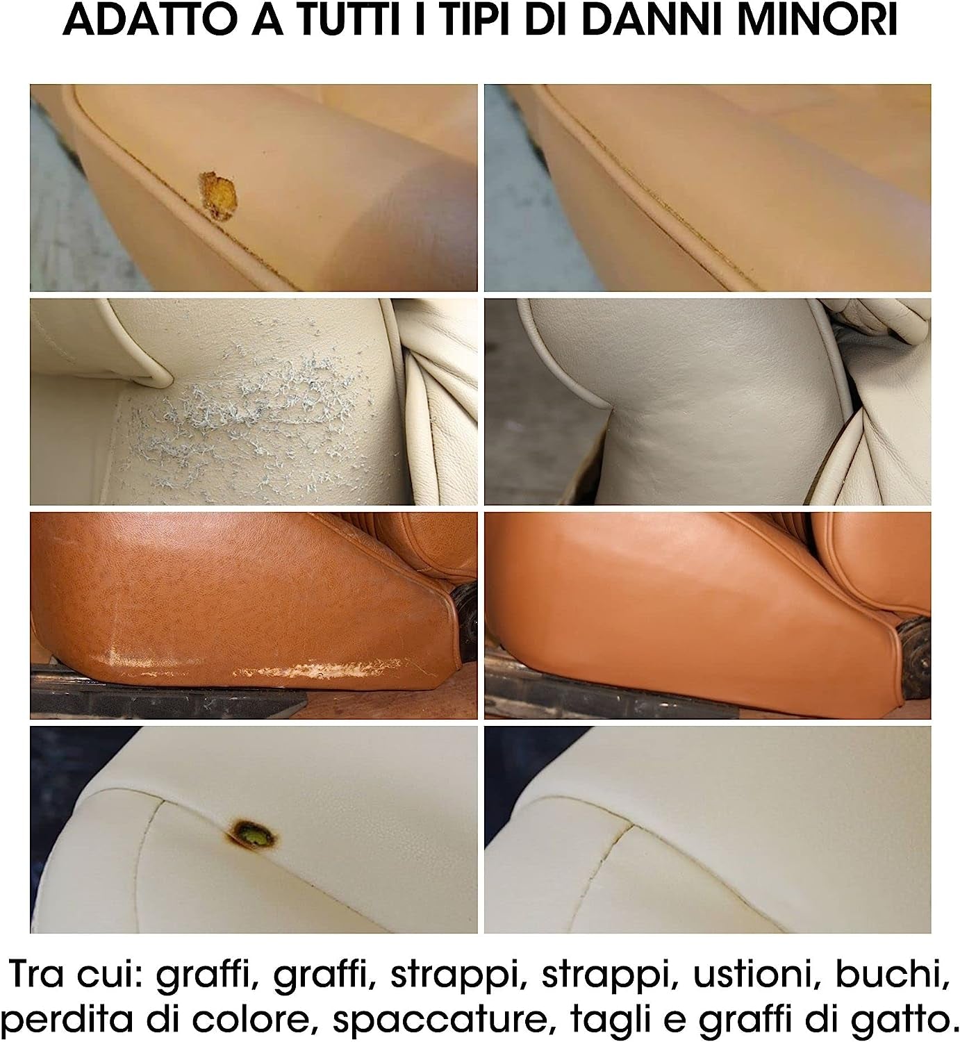 Kit Completo Di Riparazione Della Pelle per Divani, Sedili Auto - Adatto a Tutte Le Tonalità Di Pelle - Rattoppa, Riempie E Ritocca Graffi, Strappi E Altre Aree Danneggiate (Crema)