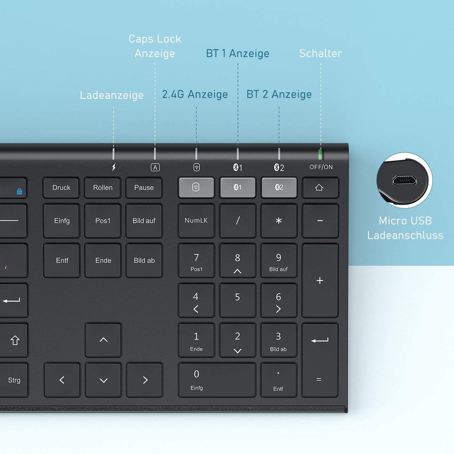 Tastiera Bluetooth Con Mouse Senza Fili, Dual Bluetooth E 2.4 G Chiavetta USB Senza Fili, Tastiera Wireless Ricaricabile Con Layout DE per Mac/Windows/Android – Nero
