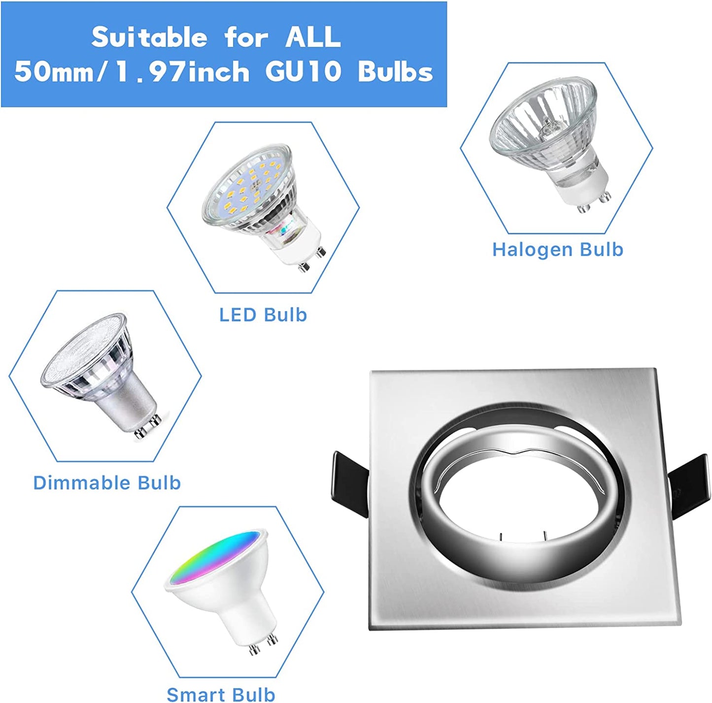 Faretti LED Da Incasso per Cartongesso, 5W Equivalenti a 60W, 230V Luce Naturale 4500K, Orientabile Di 30°, Angolo a Fascio 120°, Montatura Quadrati Nichel Spazzolato, Non-Dimmerabile (Set Da 10)