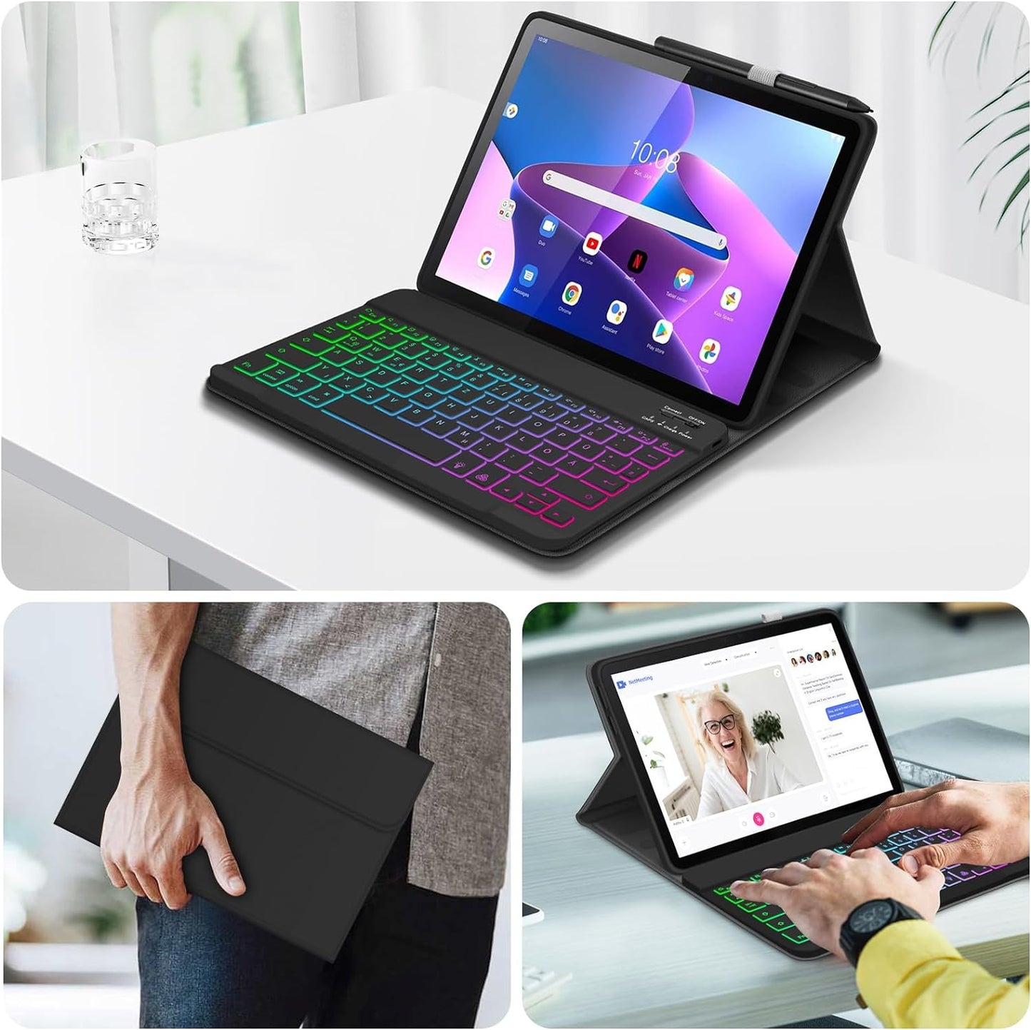 Custodia per Tastiera Lenovo Tab M10 plus 3Rd Gen 10,6", Layout QWERTZ, Tastiera Magnetica Illuminata Con Custodia per Lenovo Tab M10 plus 3Rd Gen 10,6 Pollici, 2022 TB-125FU/128FU/128XU,