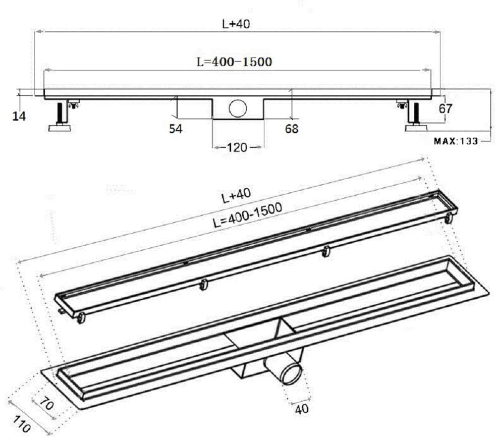 AICAIT Canaletta Scarico Doccia Canalina Scarico Doccia a Pavimento Typo Fessura in Acciaio Inossidabile per Box Doccia Bagno Piscina Drenaggio 70 Cm