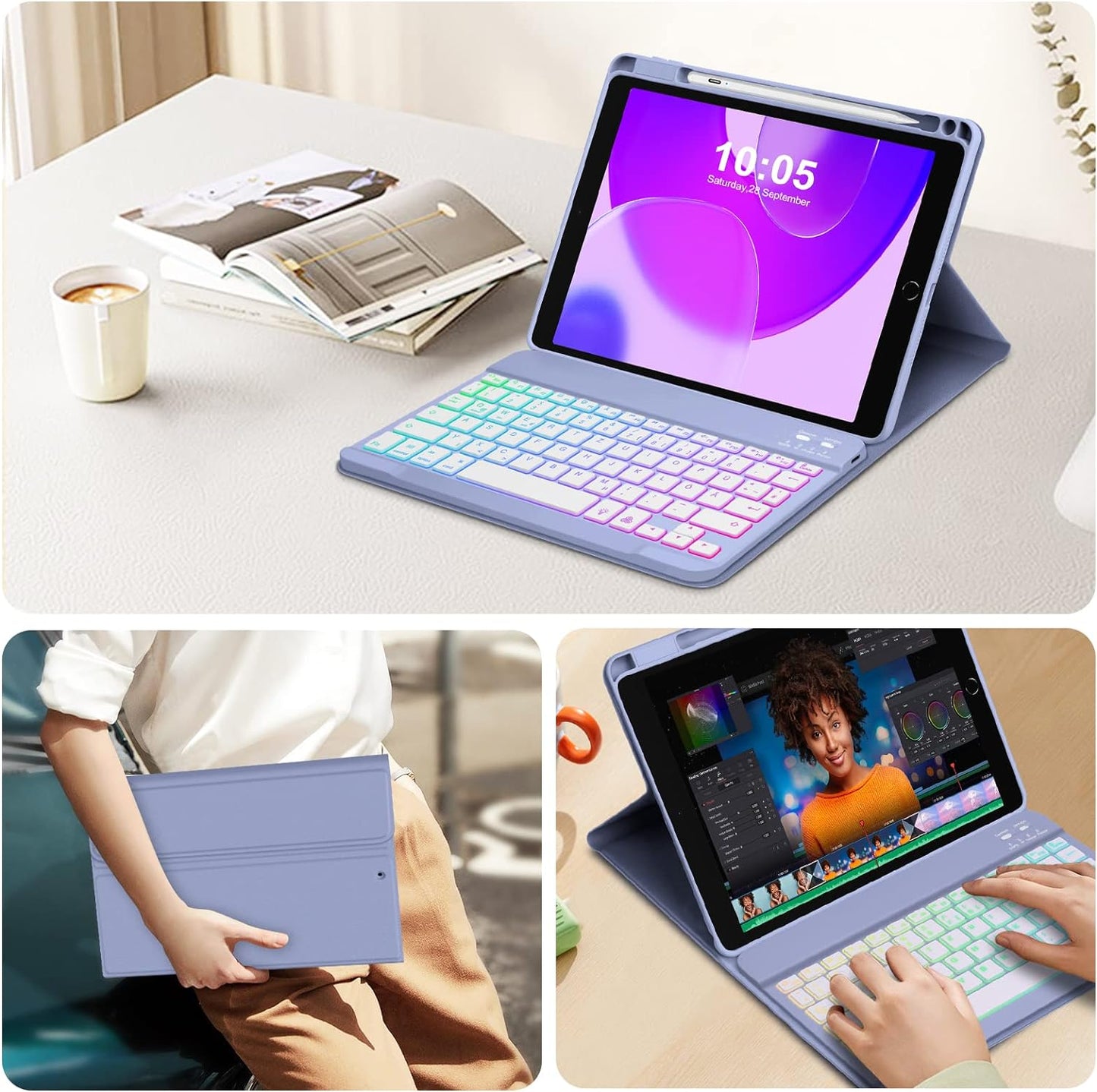Custodia per Tastiera per Ipad 9.Gen 2021/8.Gen 2020/7.Gen 2019, Layout QWERTZ Magnetico Tastiera Retroilluminata, Custodia Con Portapenne per Ipad Da 10.2 Pollici, Viola