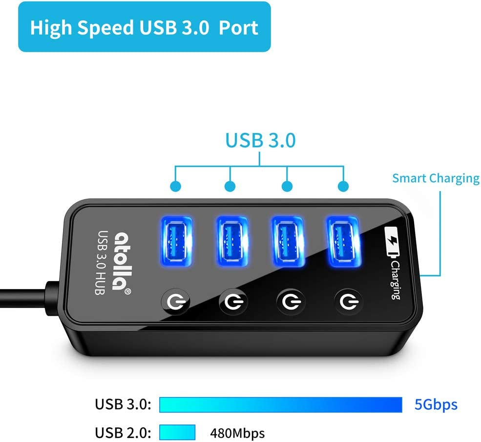 Hub USB Con Alimentatore, Hub USB 3.0 Attivo Con 4 Porte Superspeed Con Interruttore E 1 Porta Di Ricarica Intelligente E Adattatore Di Alimentazione 15 W (5 V/3 A)