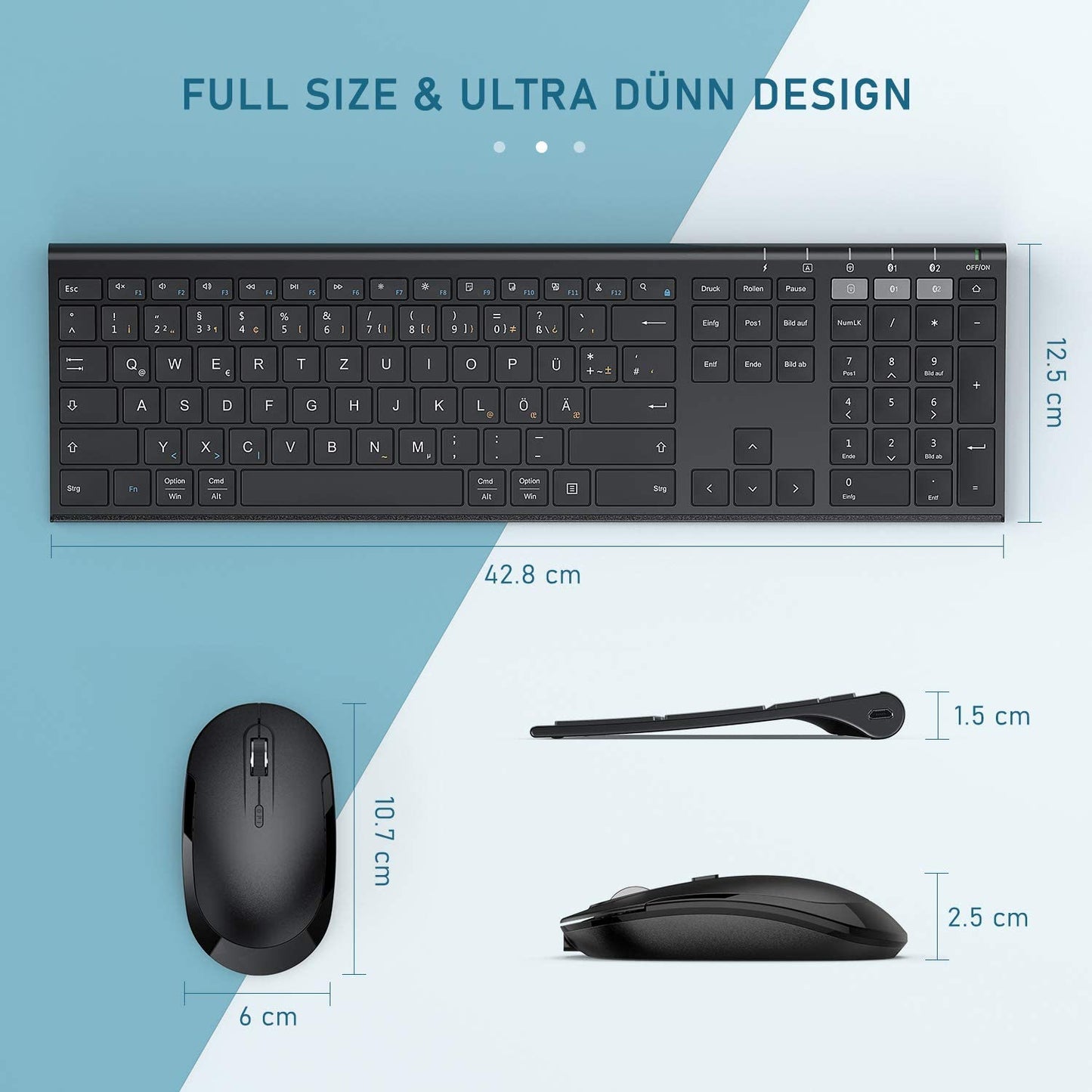 Tastiera Bluetooth Con Mouse Senza Fili, Dual Bluetooth E 2.4 G Chiavetta USB Senza Fili, Tastiera Wireless Ricaricabile Con Layout DE per Mac/Windows/Android – Nero