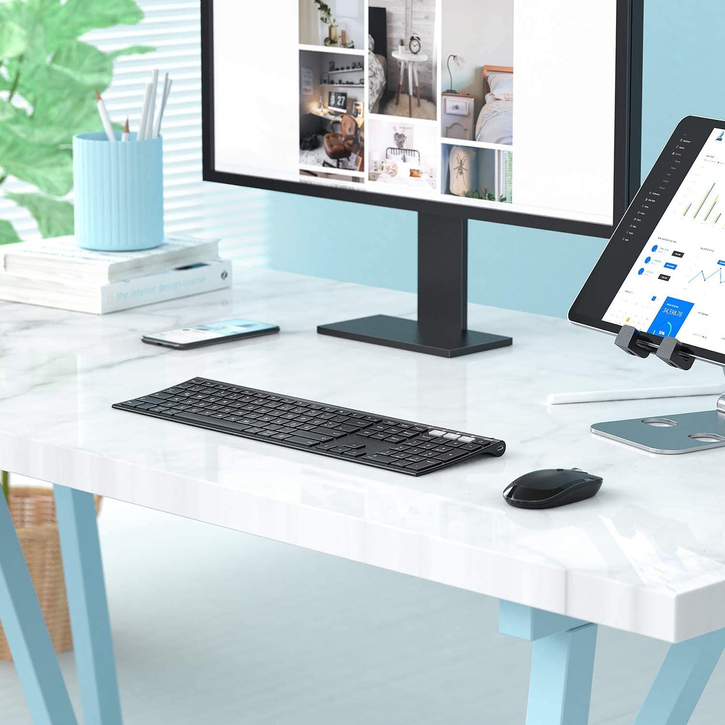 Tastiera Bluetooth Con Mouse Senza Fili, Dual Bluetooth E 2.4 G Chiavetta USB Senza Fili, Tastiera Wireless Ricaricabile Con Layout DE per Mac/Windows/Android – Nero