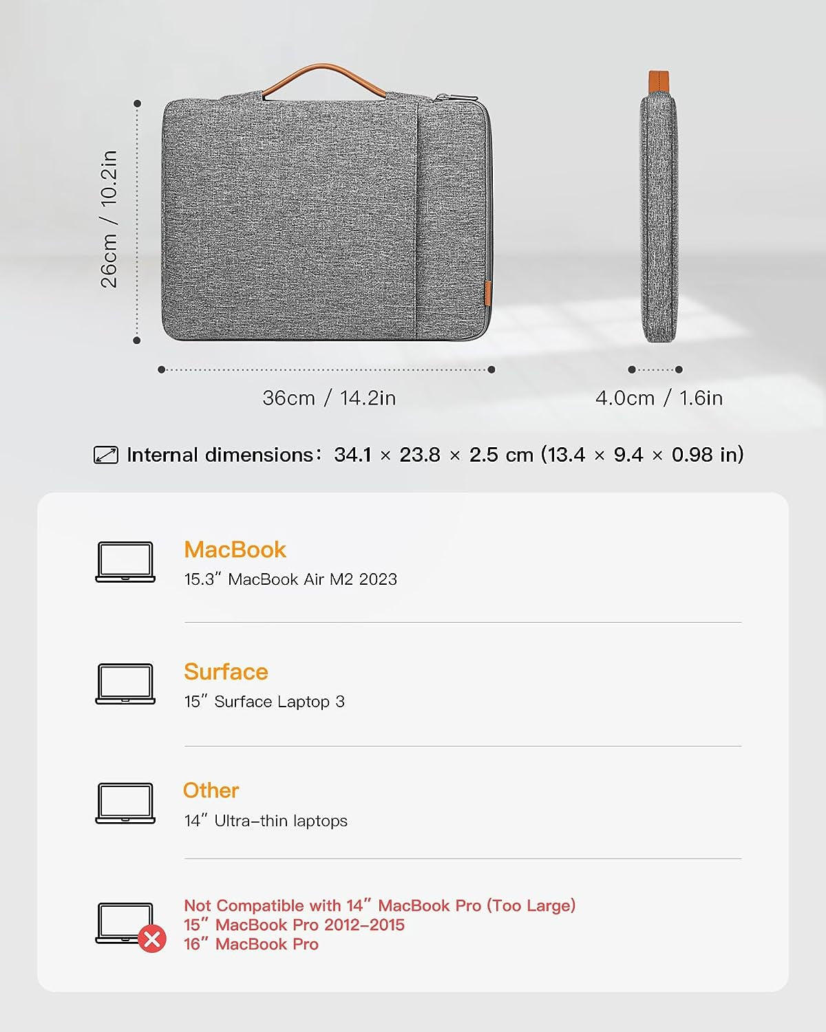 Custodia 14 Pollici Compatibile Con 15,3 Macbook Air M2 2023(A2941), 14 Pollici Chromebook Notebook Ultrabook, 15 Macbook Pro 2019-2016 (A1990/A1707), 15" Surface Laptop 5/4/3 - Grigio