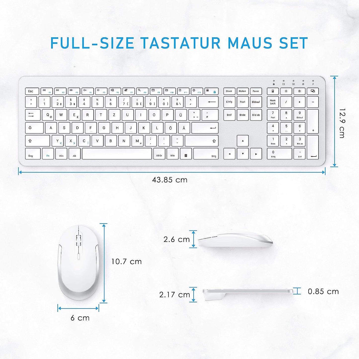 , Set Di Mouse Wireless Wireless Con Tastiera Ricaricabile (Dimensione Compatta), Ultra Sottile, Silenziosa, Ecc, Bianco E Argento